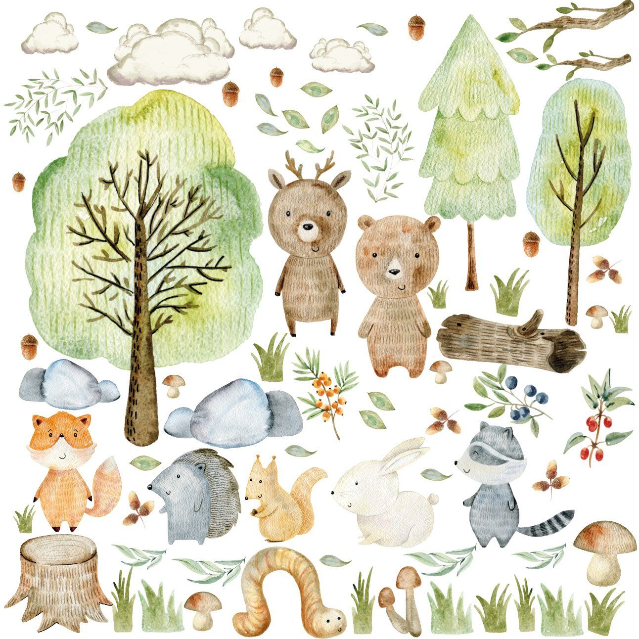 Sunnywall Wandtattoo XXL Wandtattoo Kinder Woodland Set Kinderzimmer Waldtiere