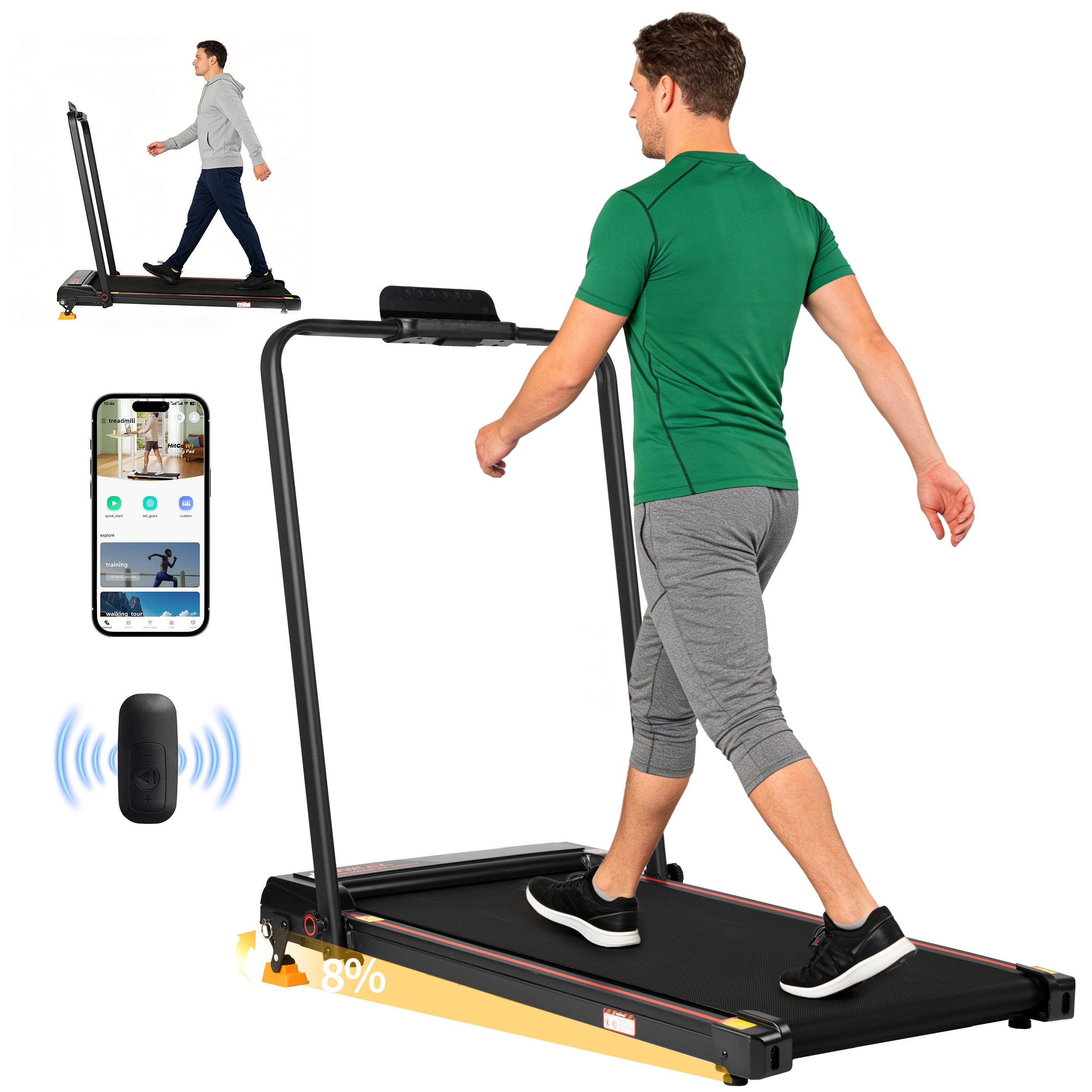 Vankel Laufband klein für zur hause, Walking Pad mit Steigung, 1-12 km/h, bis 120kg (mit App, Bluetooth, WLAN, LED-Display & Fernbedienung), Laufband klappbar, mit steigung 8%, bis 12km/h, Noise<45db
