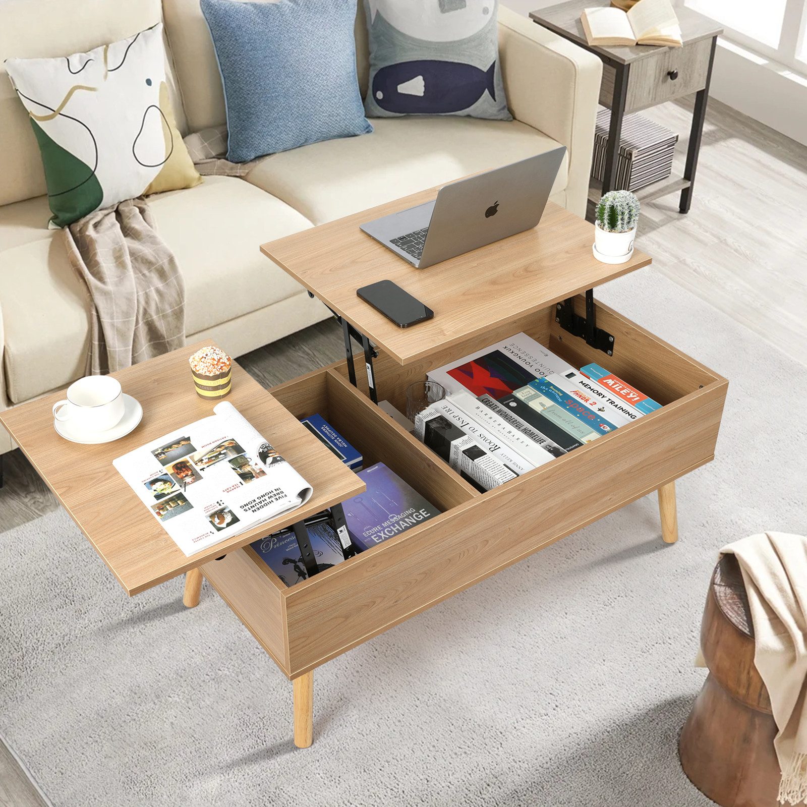 VOWNER Couchtisch Höhenverstellbarer, Wohnzimmertisch, Beistelltisch, Versenkbar, 100x50x42cm – Bild 5 von 5