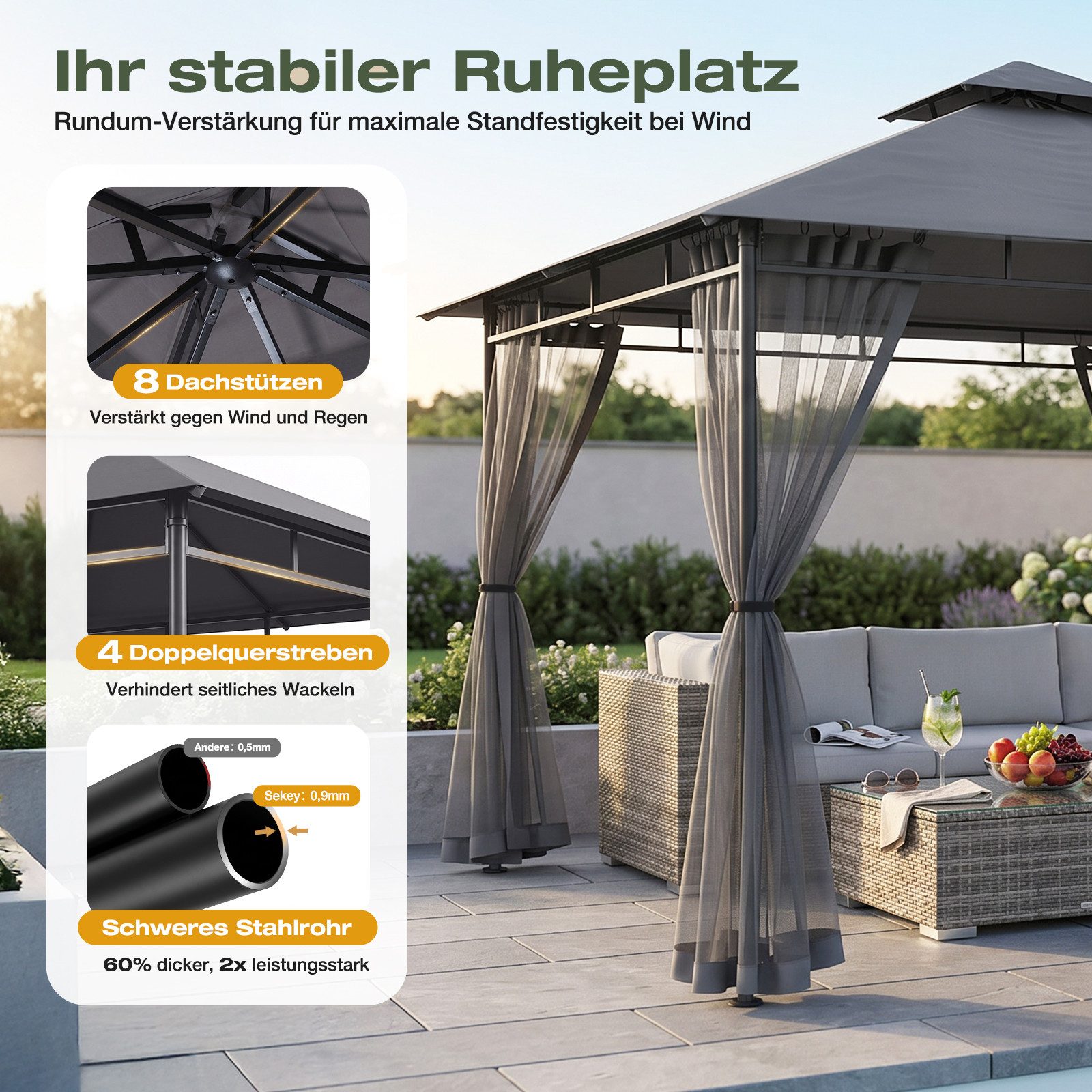 Sekey Pavillon 3 x 3m Pavillon Partyzelt Gartenpavillon mit Moskitonetz, Doppeldach, mit 4 Seitenteilen, Stabil, Wasserdicht, Winfest, Sonnenschutz