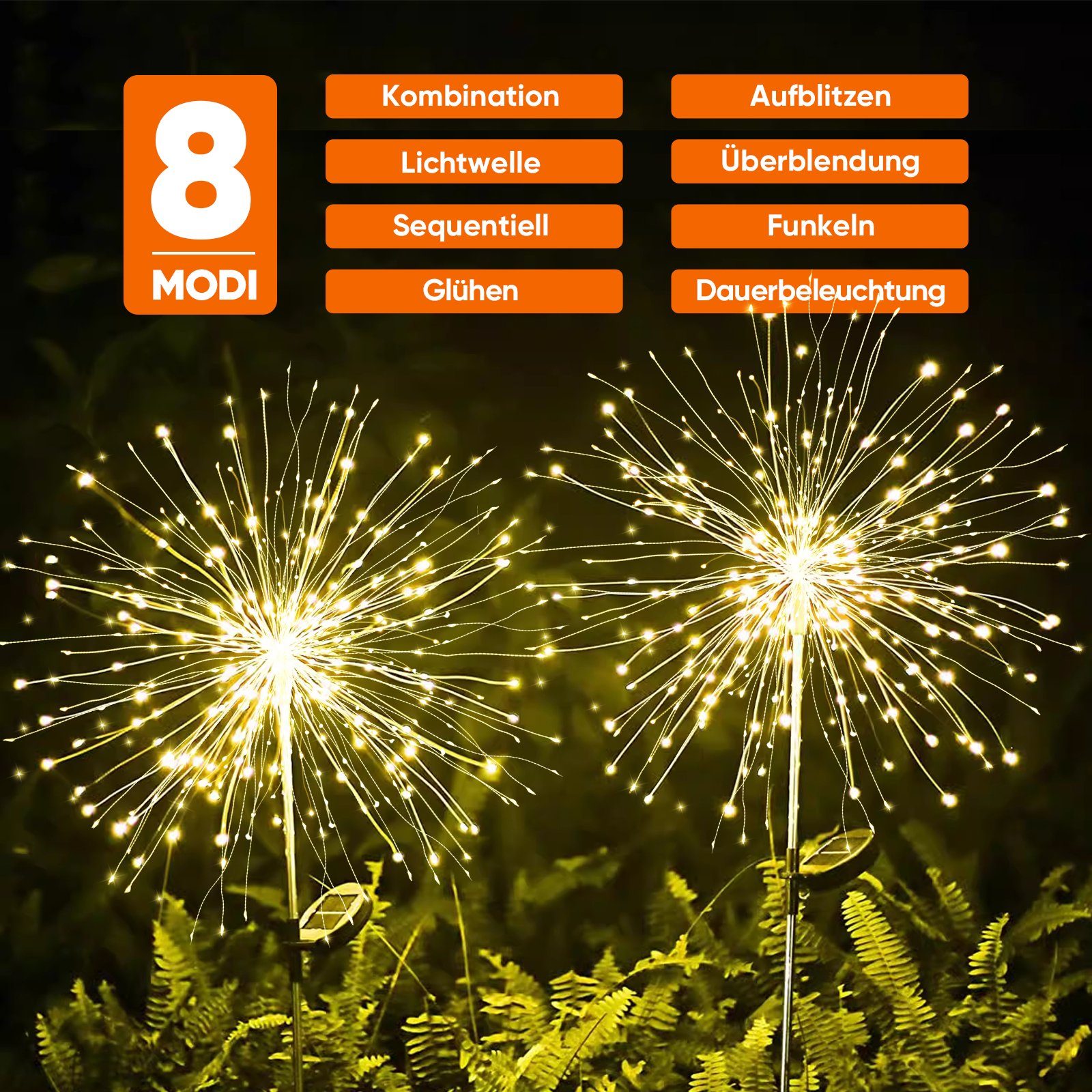 Salcar LED Solarleuchte LED Solarleuchte 2x 180 LEDs Solarlampe Feuerwerk Lichter, Warmweiß, 8 Modi LED Lichterkette Automatische Beleuchtung – Bild 4 von 5