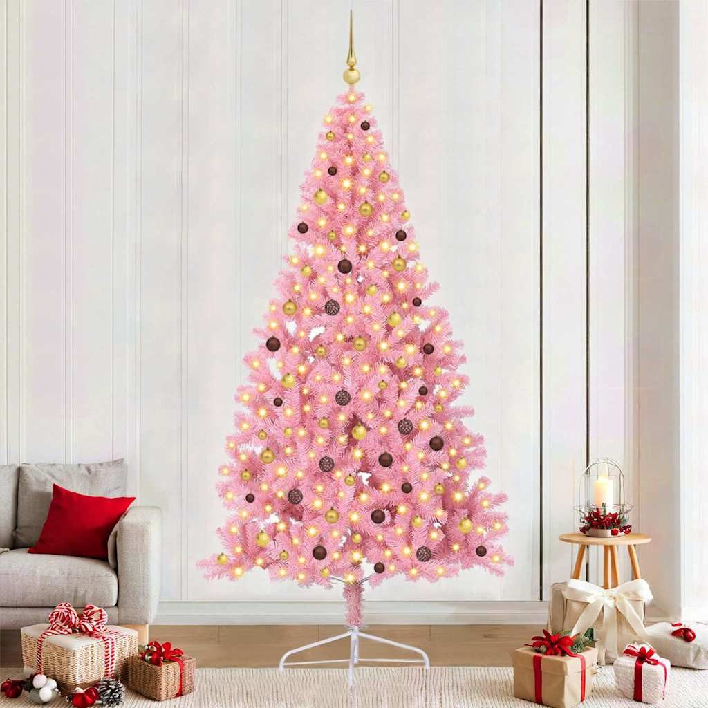 furnicato Künstlicher Weihnachtsbaum Künstlicher vorbeleuchteter Weihnachtsbaum Rosa 240 cm PVC, UV-beständige Tanne mit 300 LEDs, USB-Beleuchtung und Kugeln