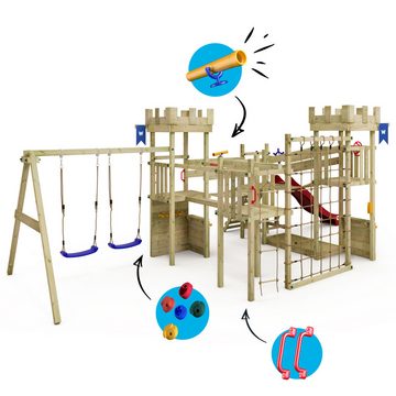 Wickey Klettergerüst Smart Arch Kinderspielturm mit Kletternetz und Wackelbrücken, (Ritterburg, riesiger Sandkasten, Ladentheke, Picknicktisch, Kletterwand, Kletterseil), 10 Jahre Garantie*, extrem witterungsbeständig