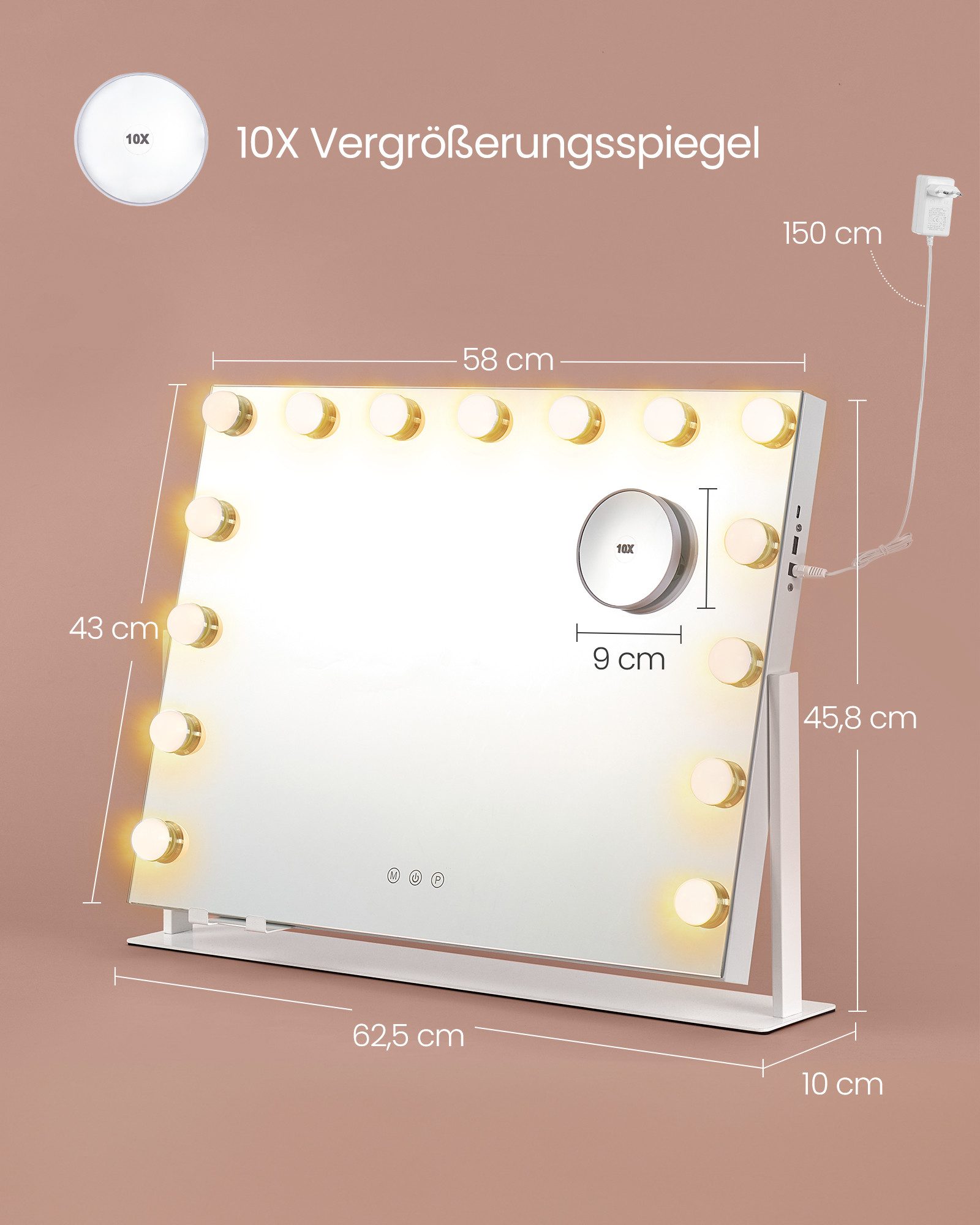 SONGMICS Schminkspiegel mit Beleuchtung, Kosmetikspiegel Touch-Steuerung, dimmbar, Handyhalter, mit 15 LED-Glühbirnen, mit USB-A und USB-C, 58 x 43 cm – Bild 5 von 5