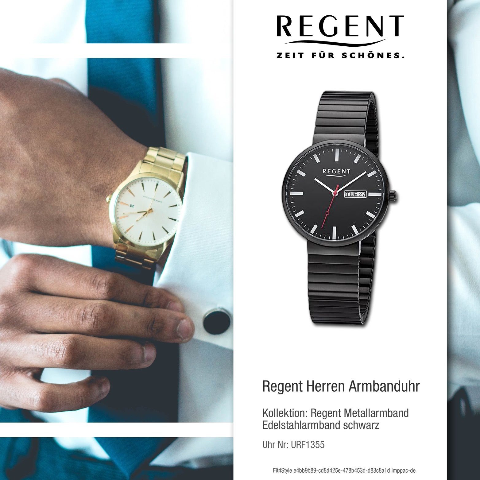 Regent Quarzuhr Regent Herren Analog, Gehäuse, Armbanduhr groß Herrenuhr 38mm) rundes schwarz, (ca. Edelstahlarmband