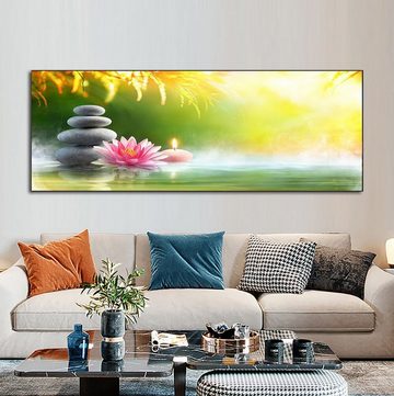 TPFLiving Kunstdruck (OHNE RAHMEN) Poster - Leinwand - Wandbild, Landschafts-Spa-Zen-Steine ​​und Wasser-Lotus-Bambus-Leinwandgemälde (Leinwandbild XXL), Farben: Grün, Gelb, Braun, Weiß, Schwarz - Größe: 20x60cm