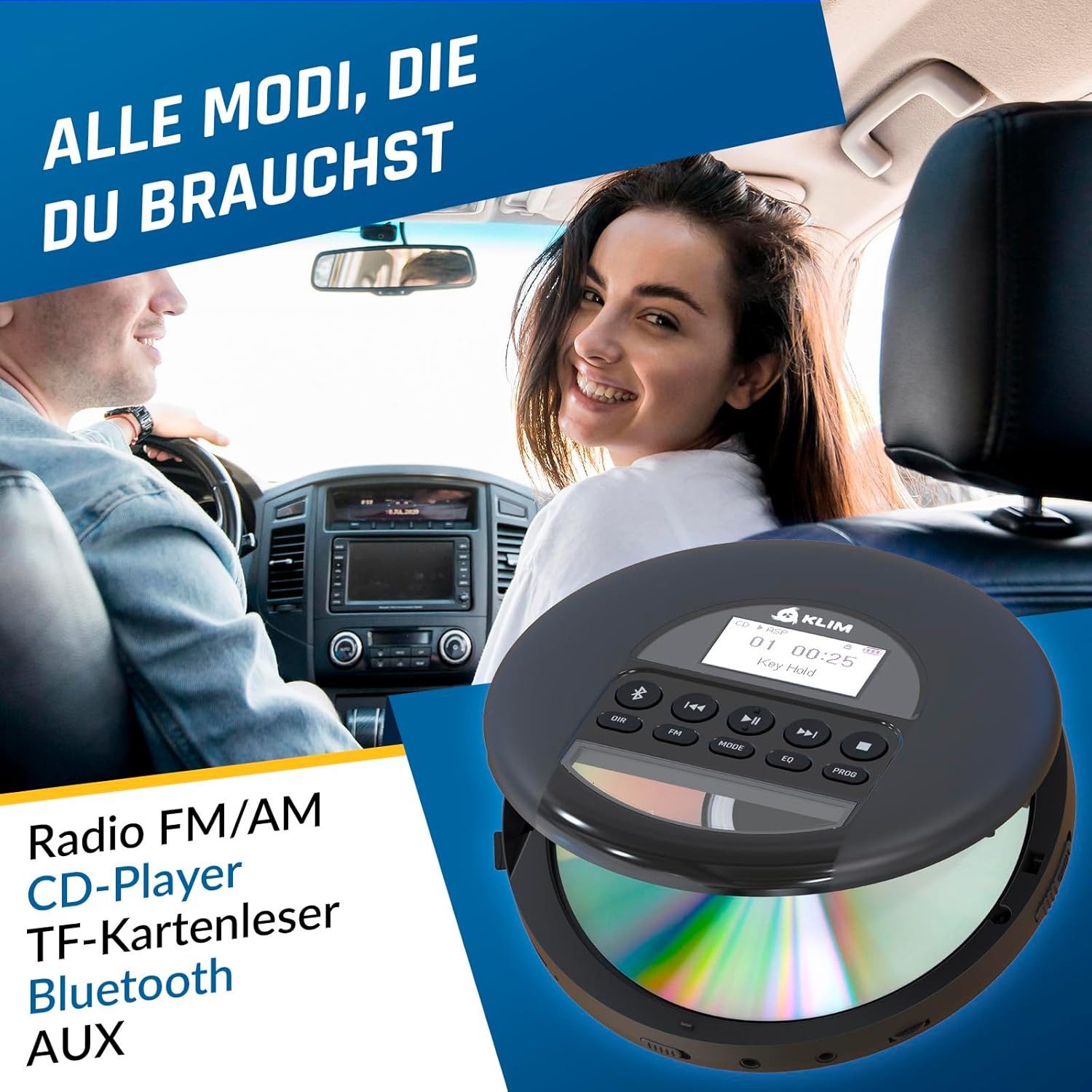 KLIM Nomad tragbarer CD-Player (Bluetooth, Discman mit On-Ear Kopfhörer, Ideal für Autos, MP3)