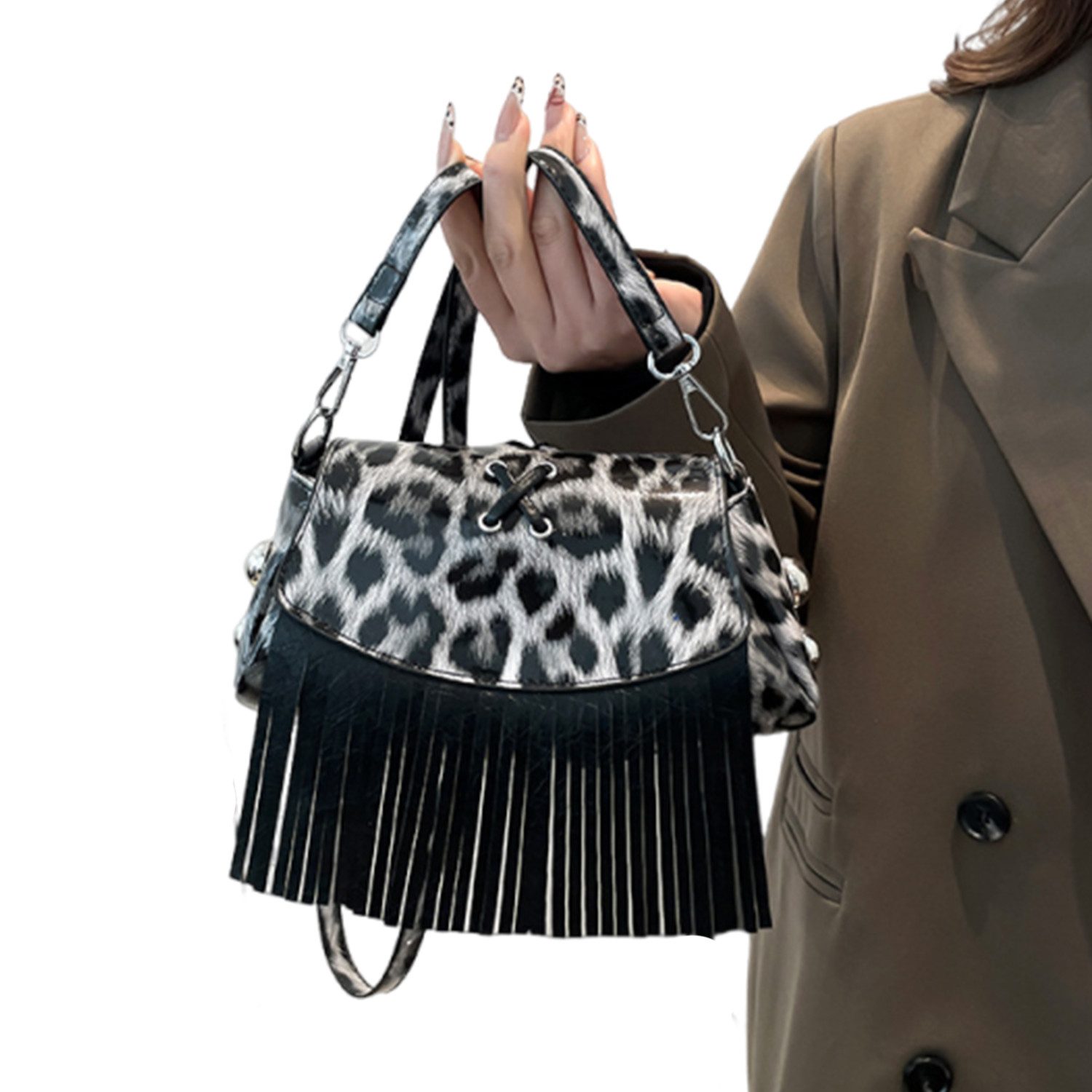 Refttenw Umhängetasche Damentasche mit Quaste und Leopardenmuster, Einstellbar