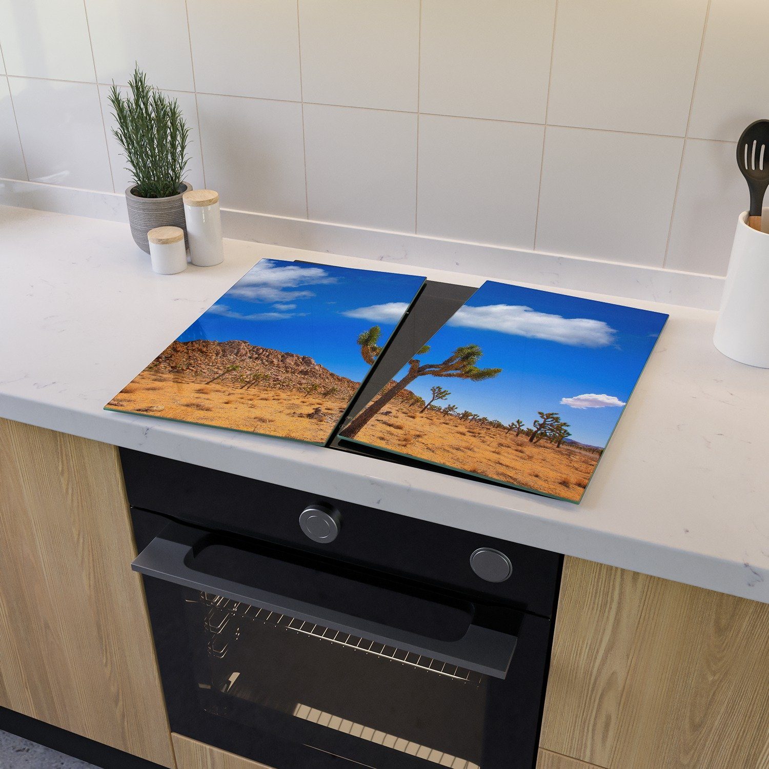  5mm Wallario Valley ESG-Sicherheitsglas, Palmlilie Größen (Glasplatte, tlg., verschiedene Noppen), Wüstenlandschaft, 2 Yucca Nationalpark inkl. Herd-Abdeckplatte im