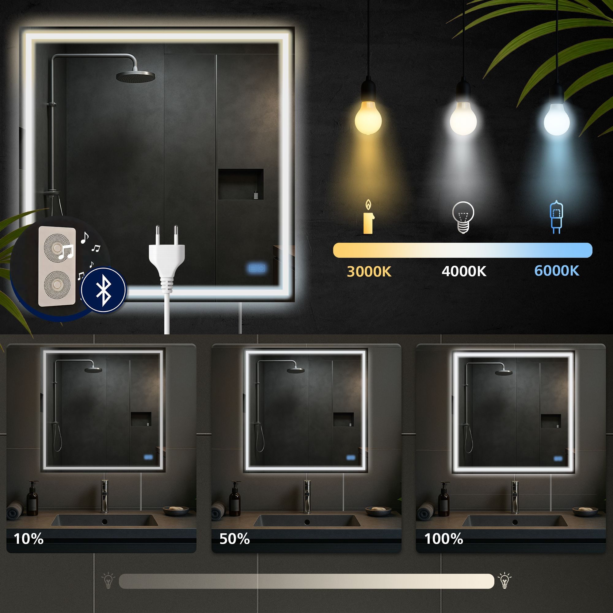 CLP Wandspiegel Jaffrey (1er), Bluetooth-Lautsprecher, Anti-Fog, LED-Licht, IP44 – Bild 4 von 5