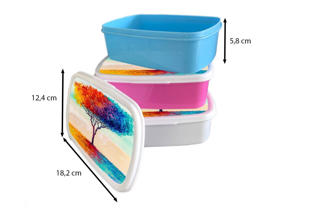 Jungs Mädchen (2-tlg), Gemälde MuchoWow - Kinder Brotbox weiß Baum Erwachsene, Kunststoff, für - für - und Lunchbox Ölfarbe und Regenbogen, Brotdose,