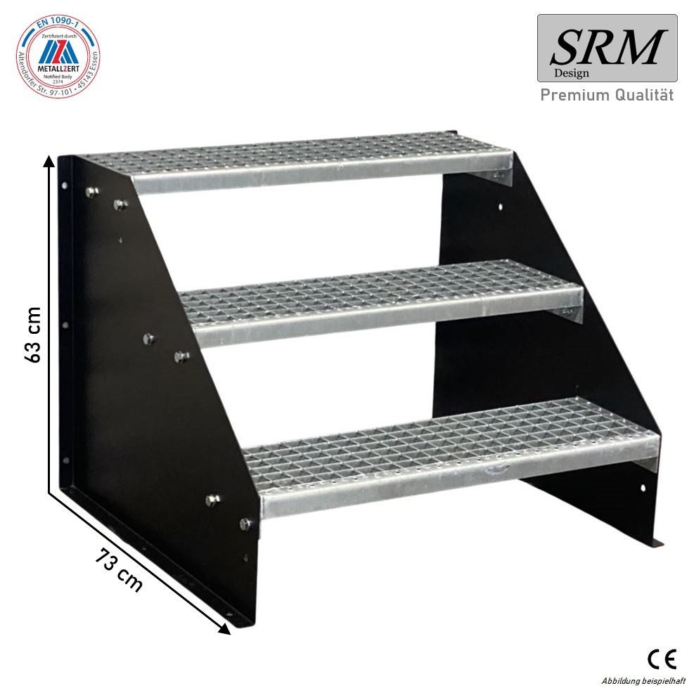 SRM Design Außentreppe 3 Stufen Standtreppe Schwarz, Breite 60cm, Höhe 63cm ohne Geländer