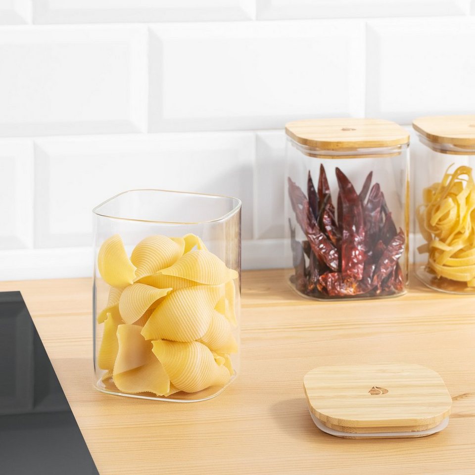 Navaris Lunchbox Behälter mit Deckel aus Bambus - Glas Vorratsdosen Set  3-teilig, Borosilikatglas, (3-tlg), für bspw. Nudeln, Müsli, Mehl, Reis,  Spaghetti, Cornflakes