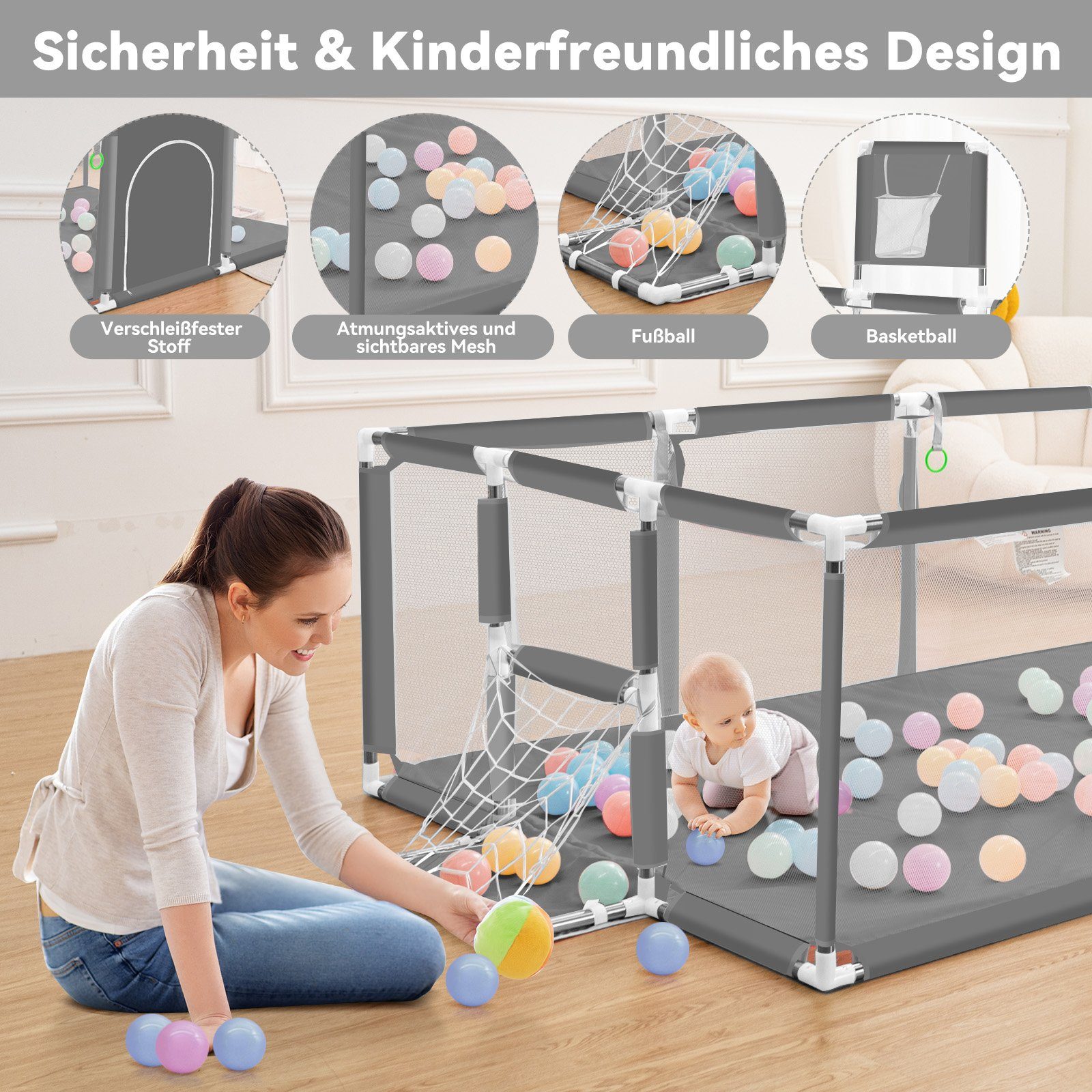 Comomy Laufstall, Baby Schutzgitter mit Basketball und Fußball-Netz 181x122x64cm