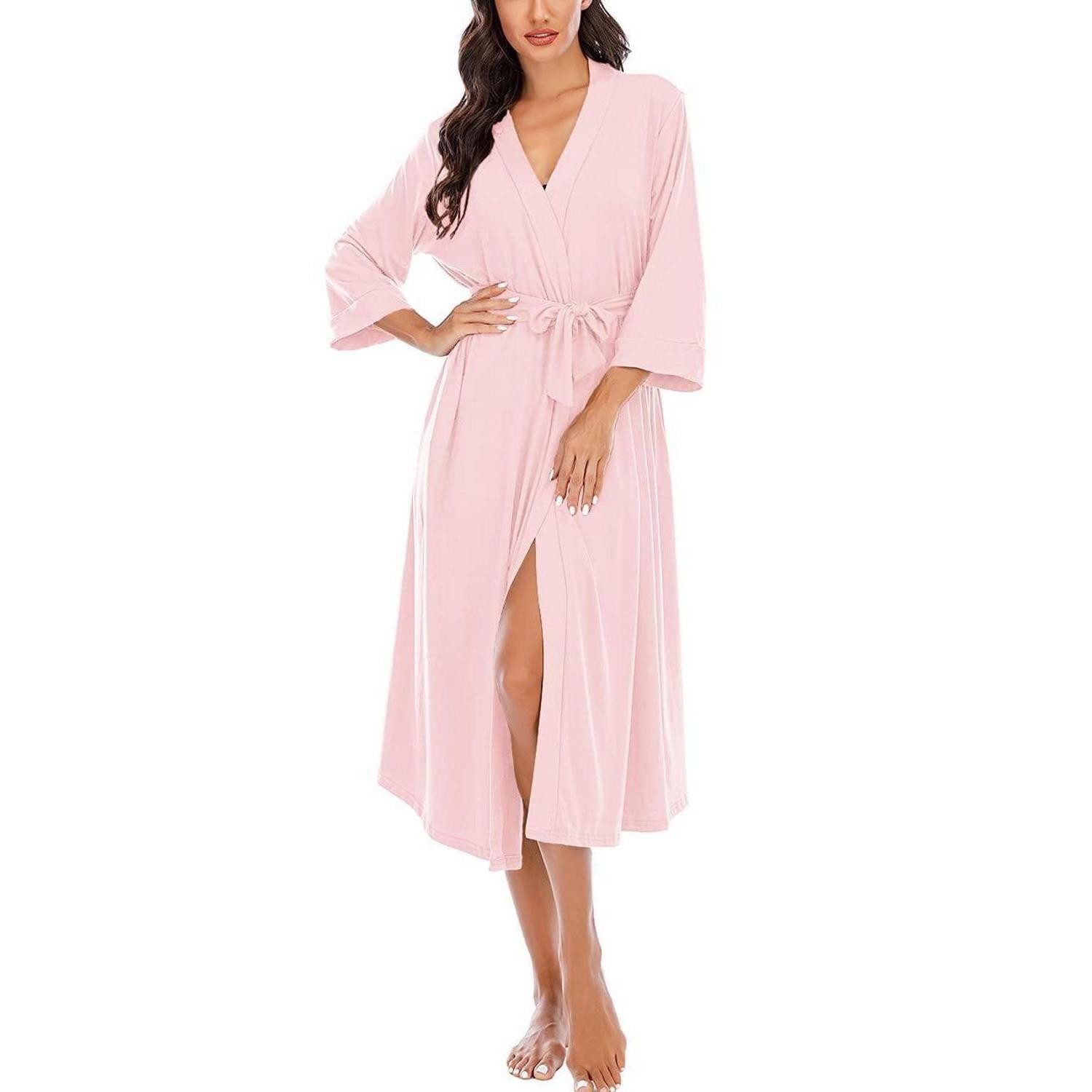 LuxusKollektion Damenbademantel Bademantel Damen Rosa 3/4 Ärmel V-Ausschnitt lang, Textil, Kimono-Kragen