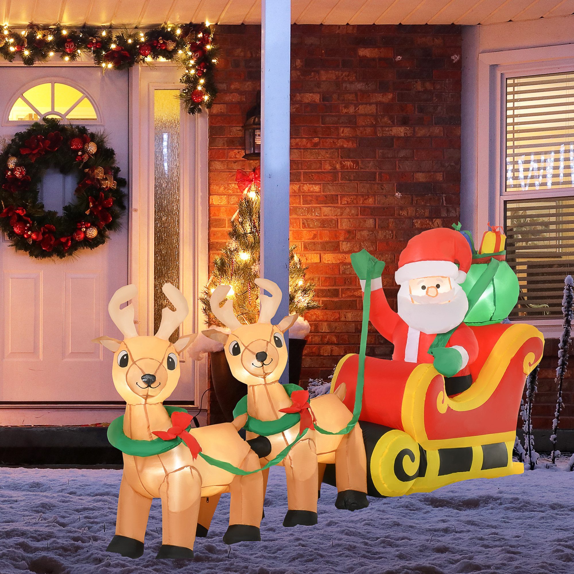 HOMCOM Weihnachtsfigur Weihnachtsmann auf Schlitten für Weihnachten Garten Außenbereich (mit LED-Lichter, 1 St., Weihnachtsdekoration mit Gebläse), Weihnachtsdeko wetterfest 240 x 57 x 112 cm