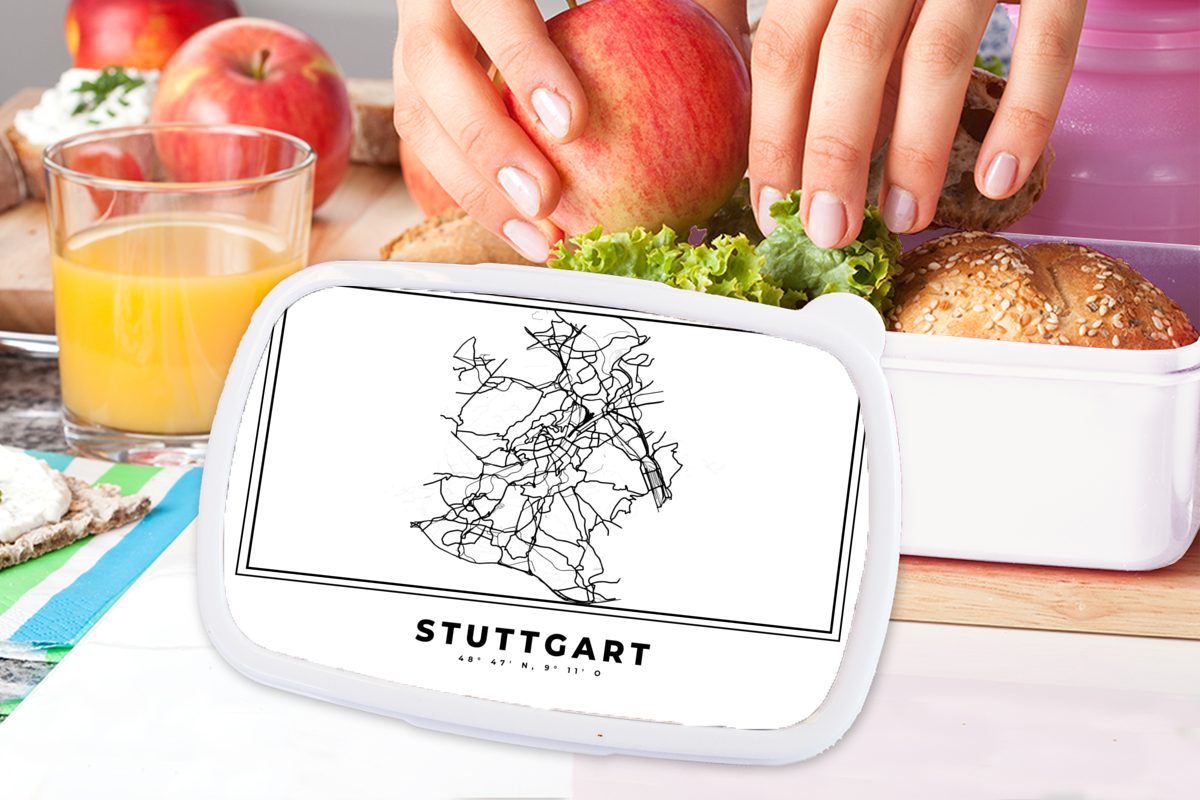 Karte, und Stadtplan Lunchbox Erwachsene, - - Deutschland Mädchen - und Jungs für und Schwarz Kunststoff, Stuttgart - für (2-tlg), weiß Brotdose, Brotbox Kinder MuchoWow