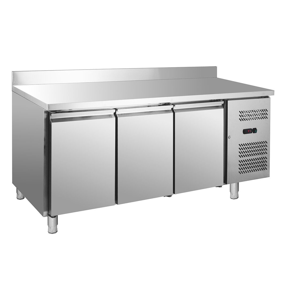 GastroHero Dönergrill Kühltisch Edelstahl GN 1/1 mit Aufkantung 3 Türen, 275 W, LED-Display, automatische Abtauung, geringer Energieverbrauch