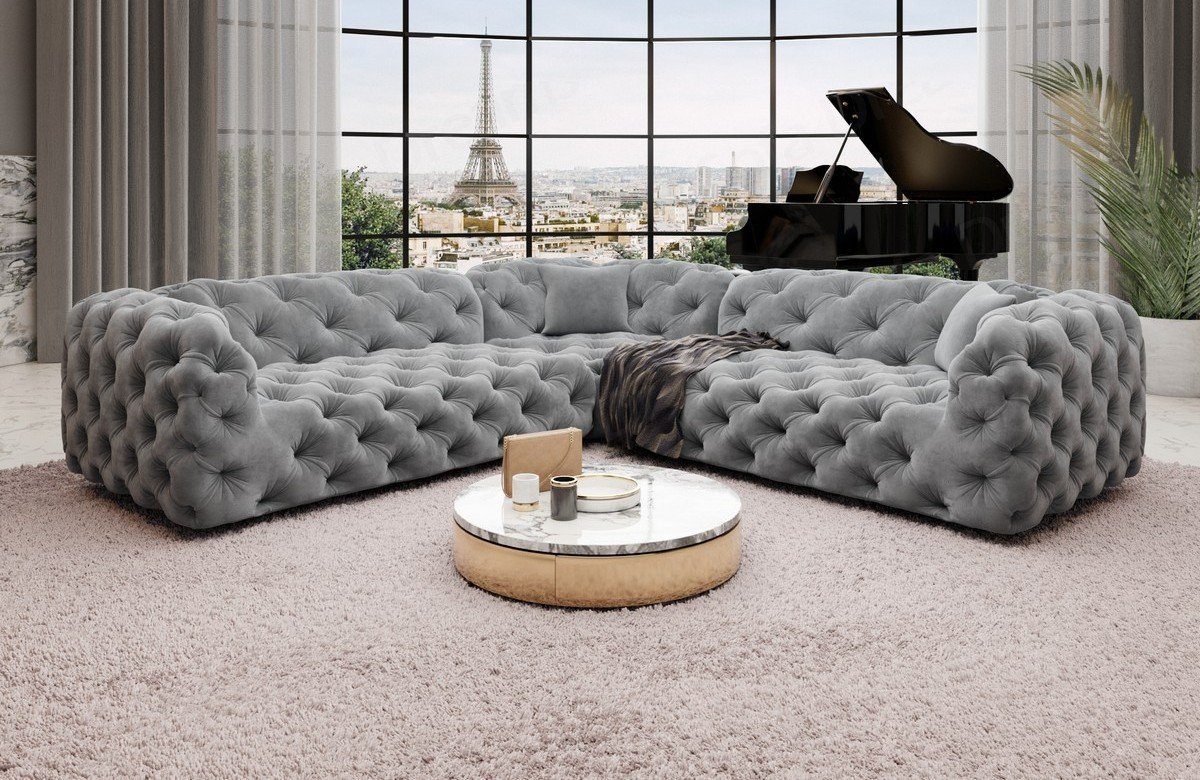 Sofa Dreams Ecksofa Samtstoff Stoff Luxus Sofa Lanzarote L Form Stoffsofa, Couch im Chesterfield Stil hellgrau84