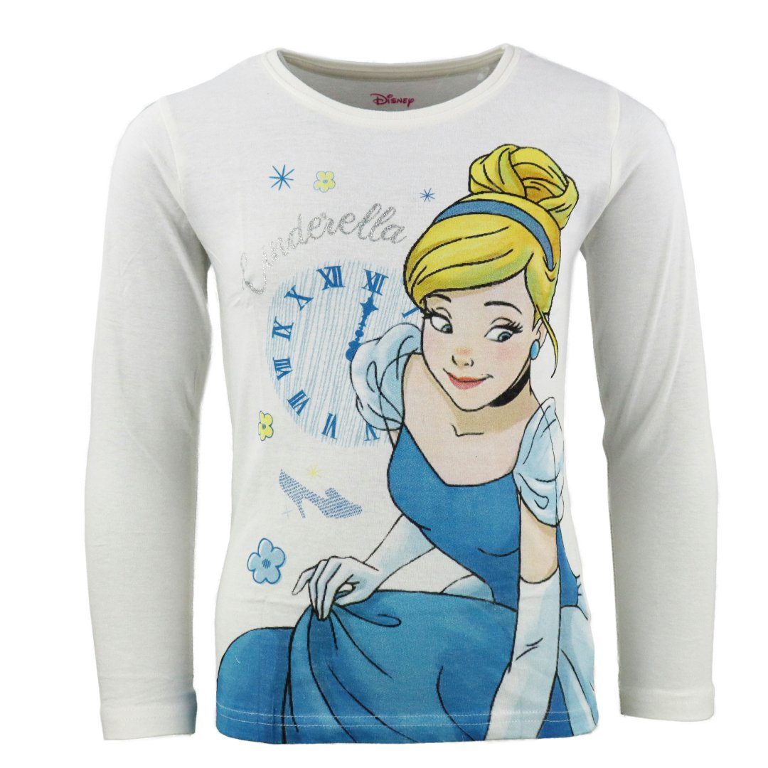 Disney Langarmshirt Disney Cinderella Kinder langarm T-Shirt Gr. 98 bis 128, 100% Baumwolle Weiß