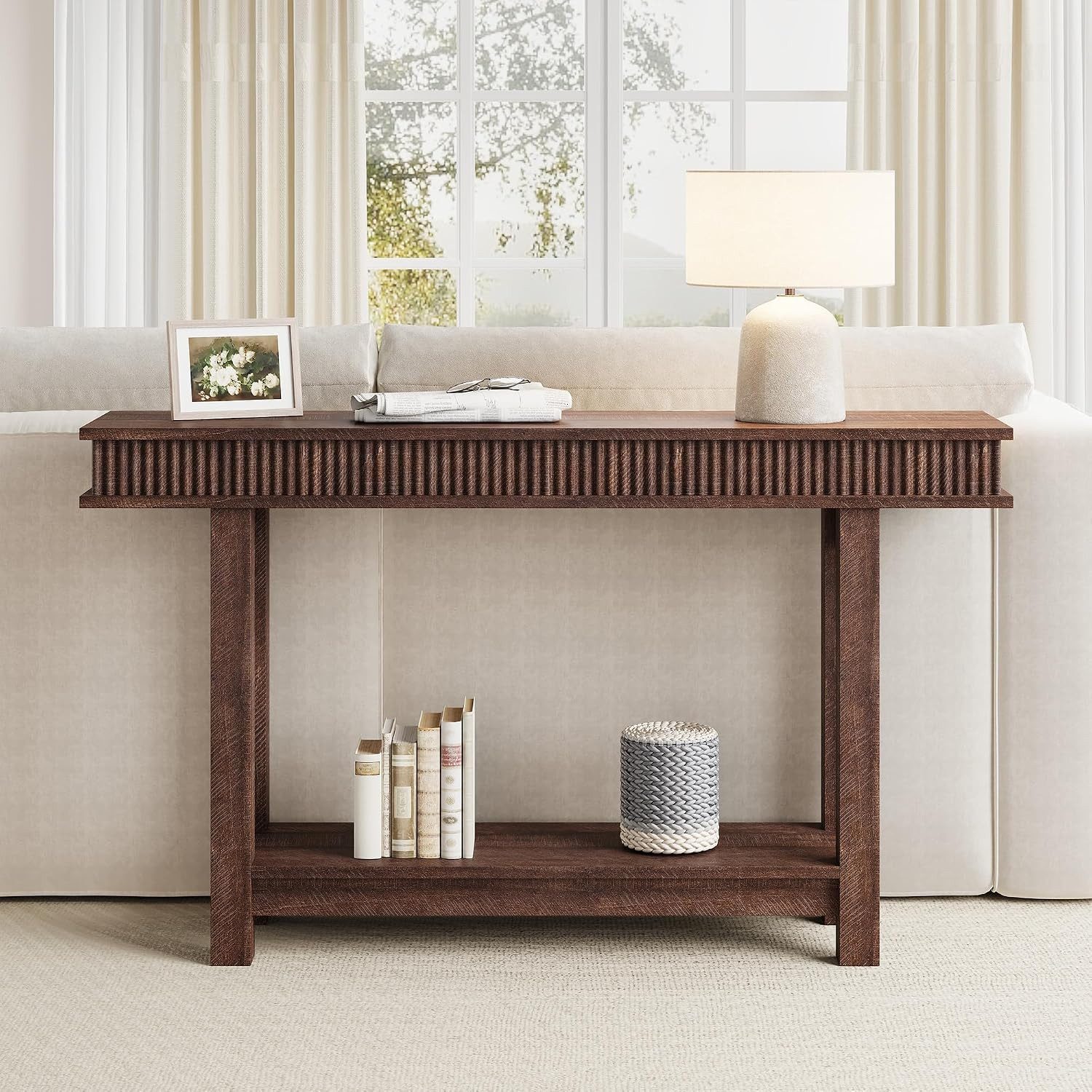 GarveeMore Konsolentisch im Landhausstil,2-stöckiger Holztisch mit Ablagefläche,Sofatisch, ideal als Konsolentisch für Eingangsbereich, Flur oder Wohnzimmer – Bild 4 von 4