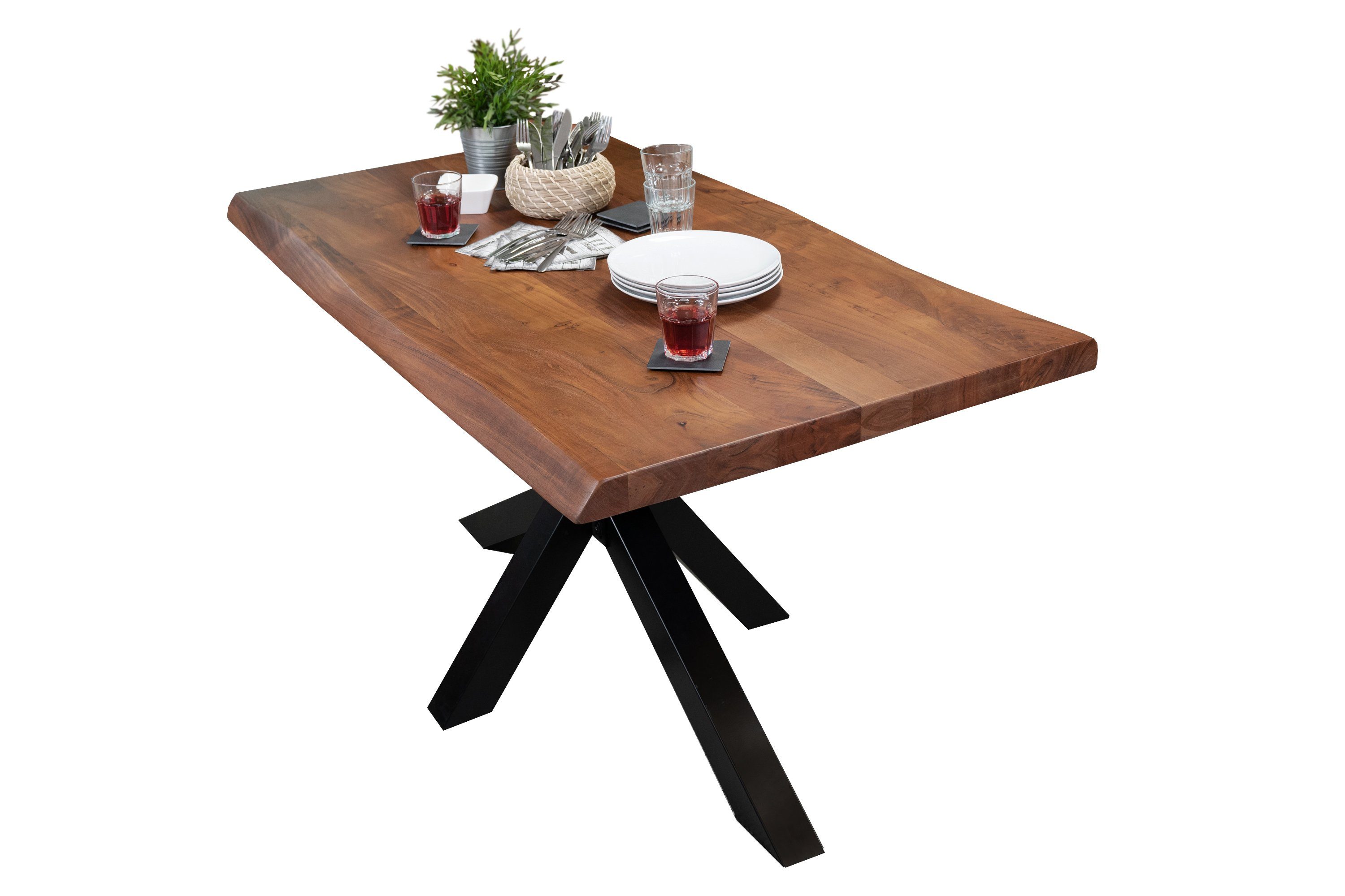 SAM® Baumkantentisch Salsa, Akazienholz, nussbaumfarben, Baumkante, Metallgestell Spider-Form