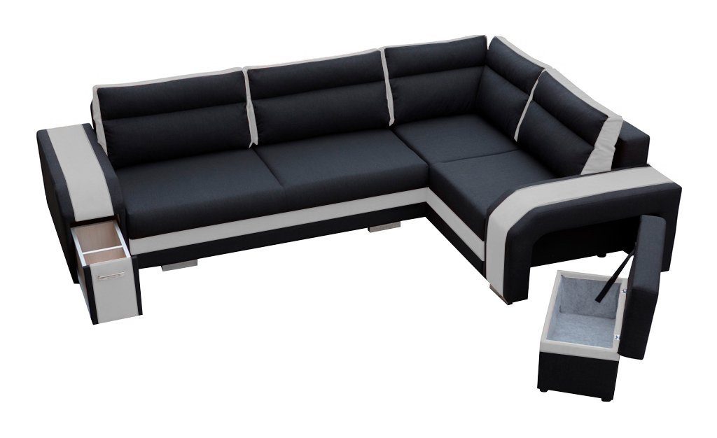 MKS MÖBEL Inari-weiss L-Form Couch Schwarz - Kunstleder NASSAN, mit Ecksofa Hocker und mit Minibar Schlaffunktion