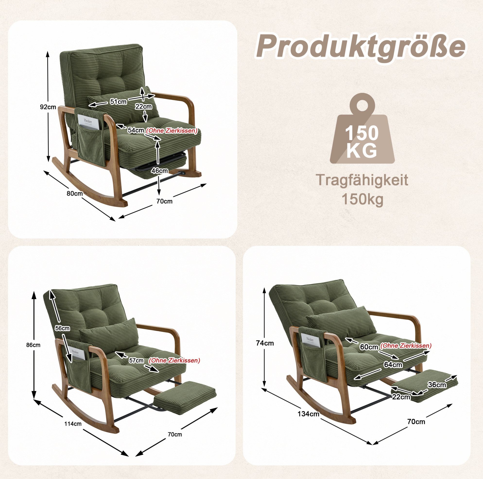 REDOM Loungesessel Schaukelstuhl mit verstellbarer Lehne & Fußstütze (Cord Sessel mit Lendenkissen, Seitentaschen & weichem Polster), Polsterstuhl Relaxsessel