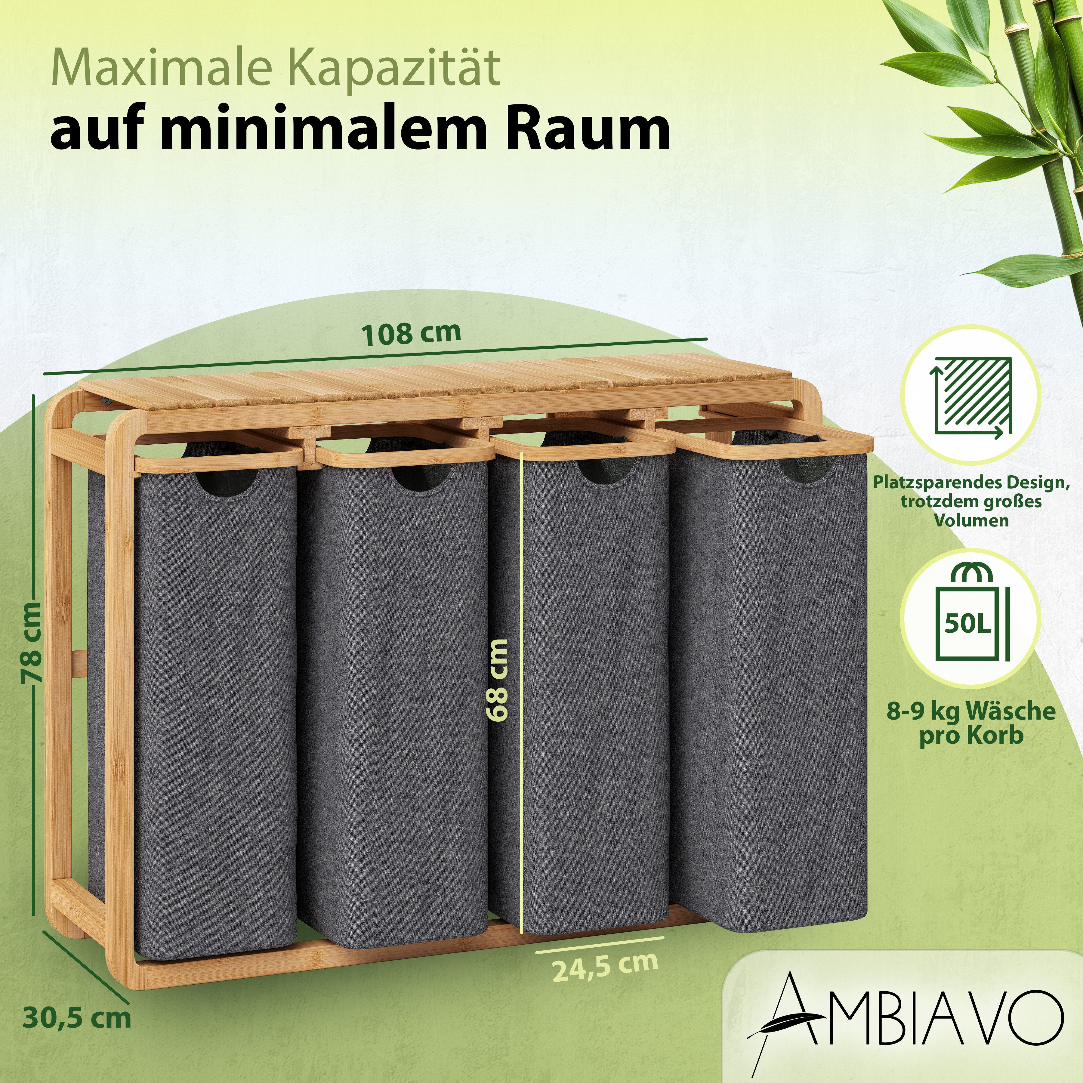 AMBIAVO Wäschekorb 4 Fächer mit waschbaren Baumwollsäcken, 200 L Volumen, stabiler 3x3 cm Bambusrahmen, innovatives Design