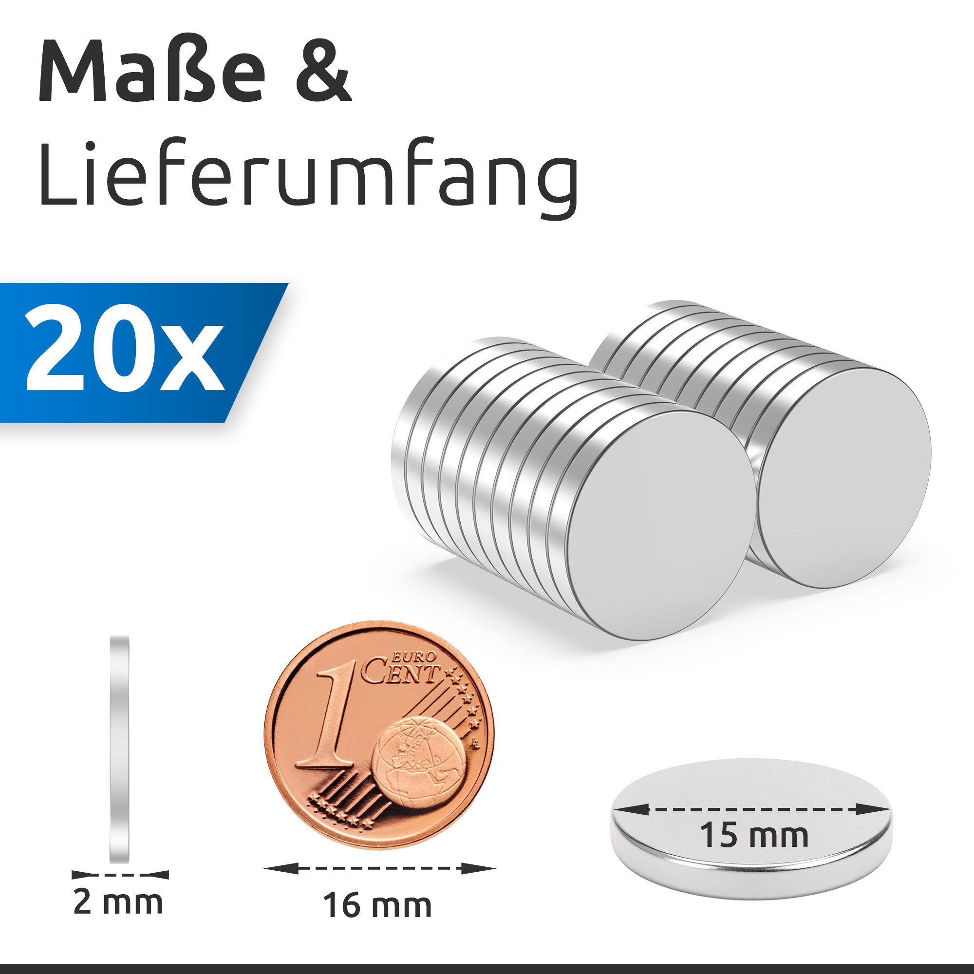 ECENCE Magnet 20x Neodym Magnete rund 15x2mm - - Extrem Stark (20-St)