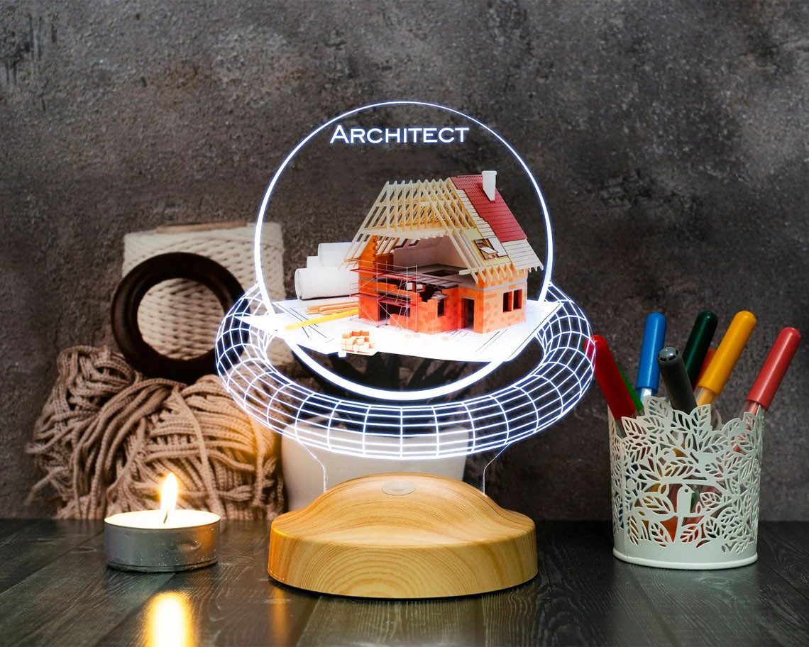 Geschenkelampe LED Nachttischlampe Architekt 3D Geschenke für Innenarchitekt, Abschluss, Berufseinstieg, Leuchte in 7 Farben, LED fest integriert, Geschenke für Abschluss, Berufseinstieg, Architekt