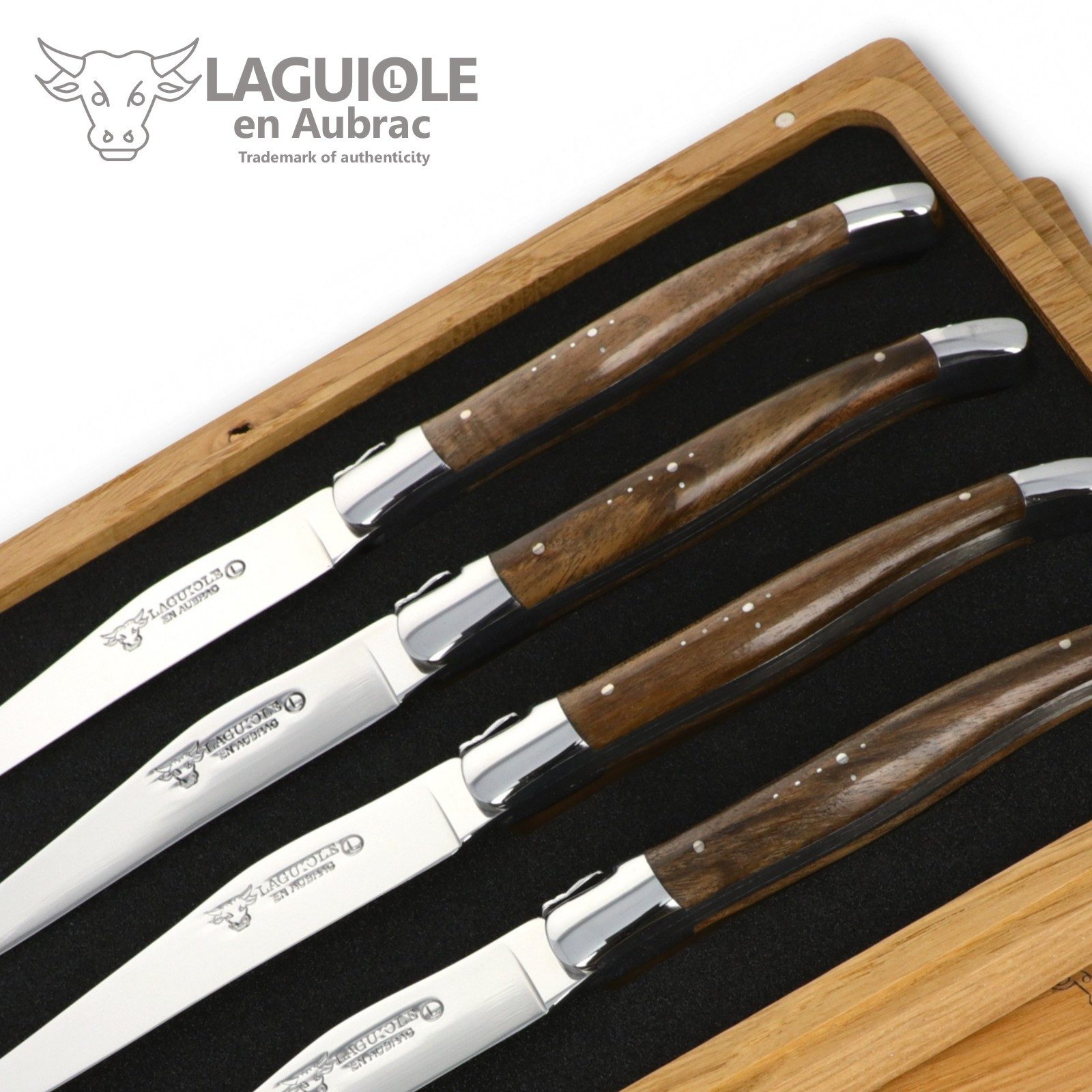 Laguiole en Aubrac Steakmesser 42C99NOIH BRI 4er Set - Griff Nussbaum - Backen glänzend - Klinge glänzend - Holzbox