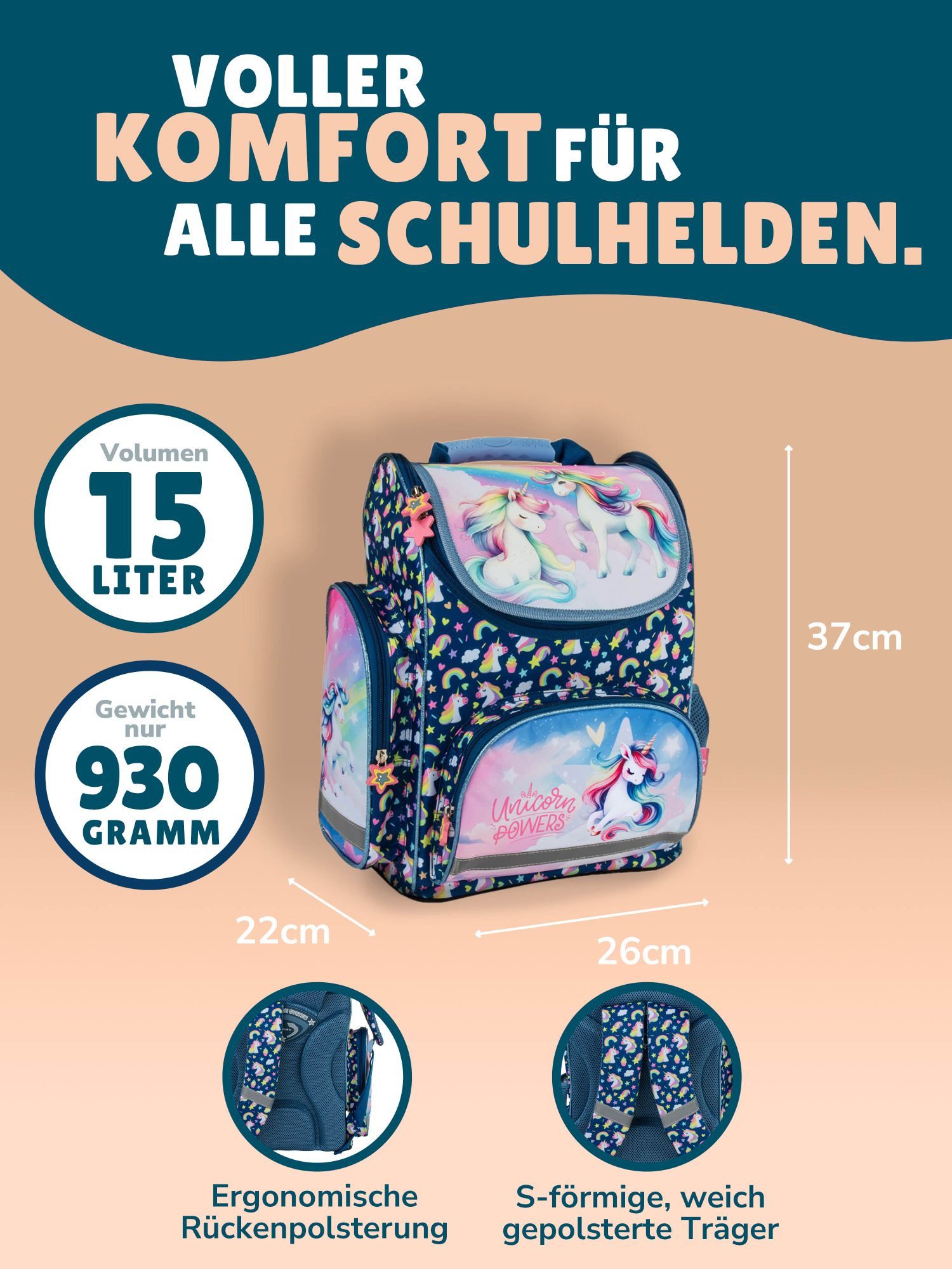 Familando Schulranzen Unicorn / Einhorn Schultaschen Set Mädchen 1. Klasse (Set, 8-tlg., inkl. Federmappe, Lunch-Set und Sporttasche), ergonomisch, 15L Volumen; dunkelblau, Einhorn Regenbogen Motiv
