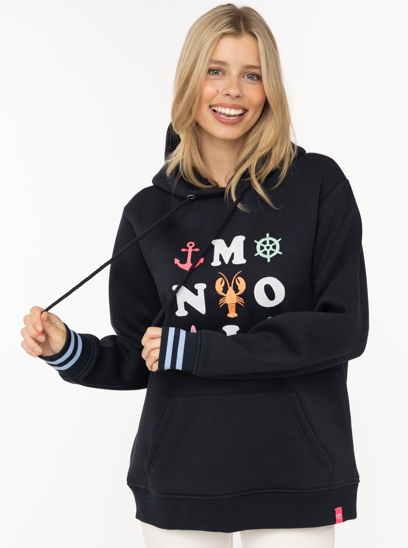 Zwillingsherz Hoodie "MOIN" Motiv mit Anker, gestreifte Ärmelbündchen, Kapuze, Kängurutasche