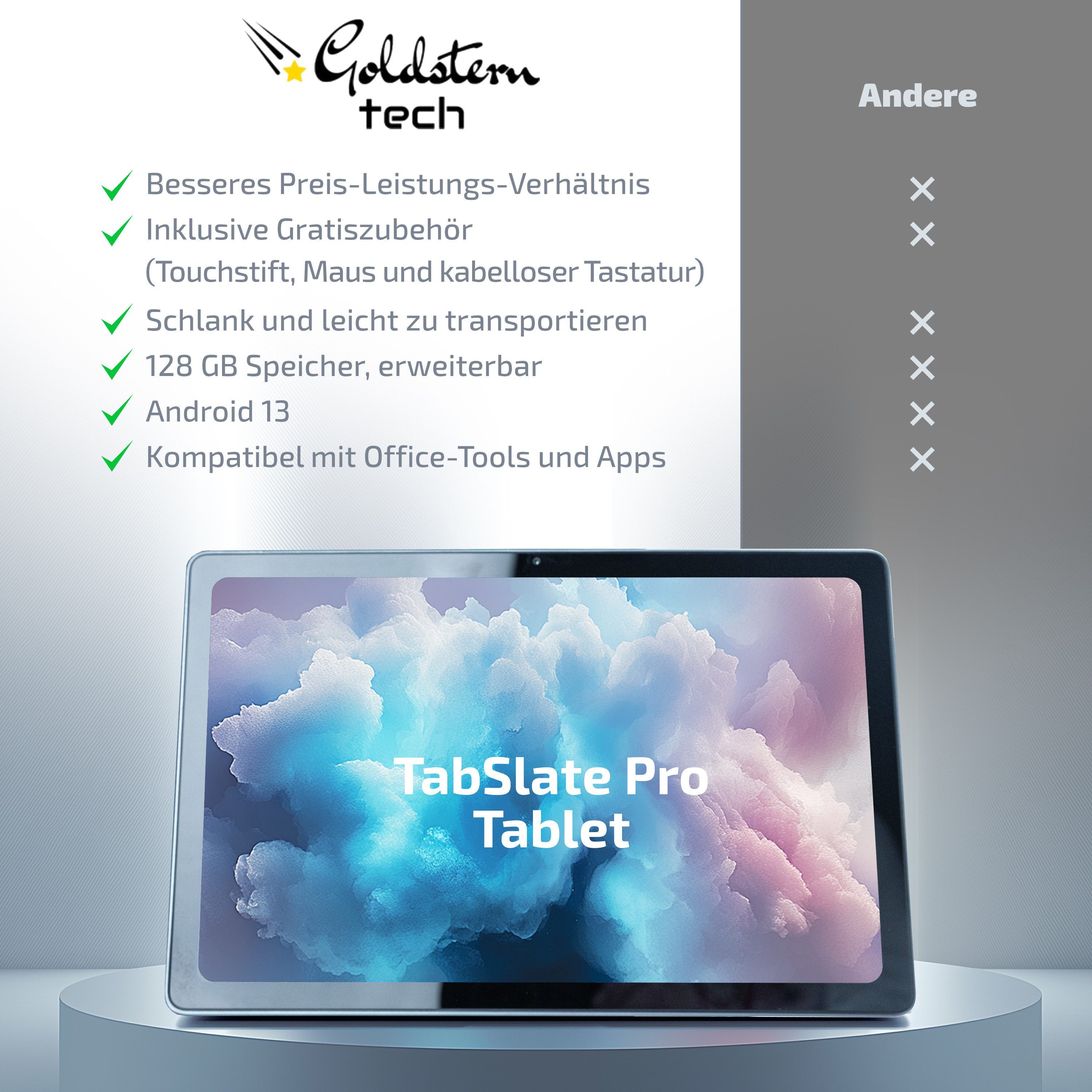 Goldstern-Tech Pro-Max-Set Tablet (12", 128 GB, Android 13, 12-Zoll-2K-Display, Octa-Core, 128 GB, 8000 mAh Akku, mit Tastatur)