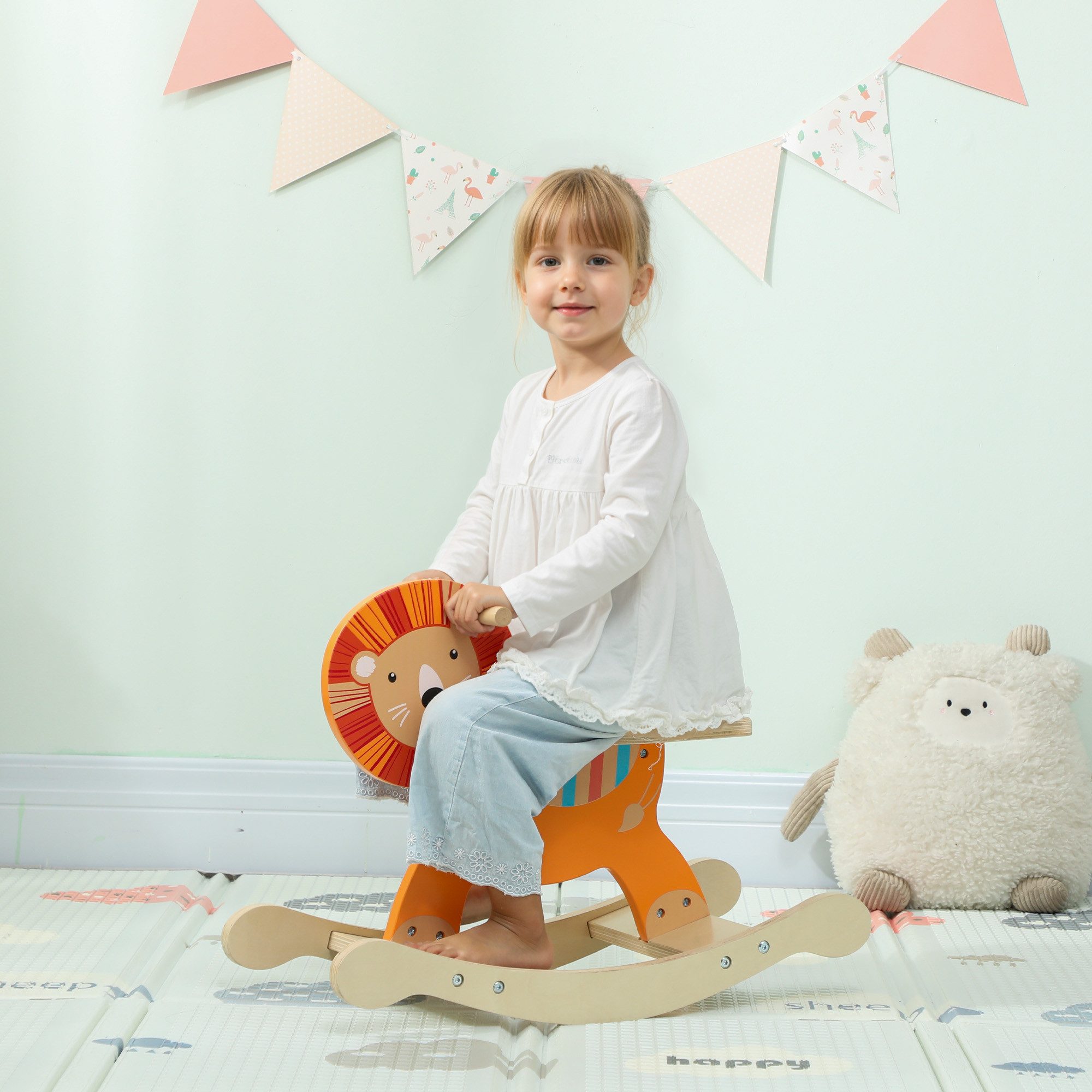 AIYAPLAY Schaukeltier Schaukelpferd Holz mit Haltegriffen Esel, (1 tlg), für Kinderzimmer, Spielzimmer, Orange – Bild 2 von 5