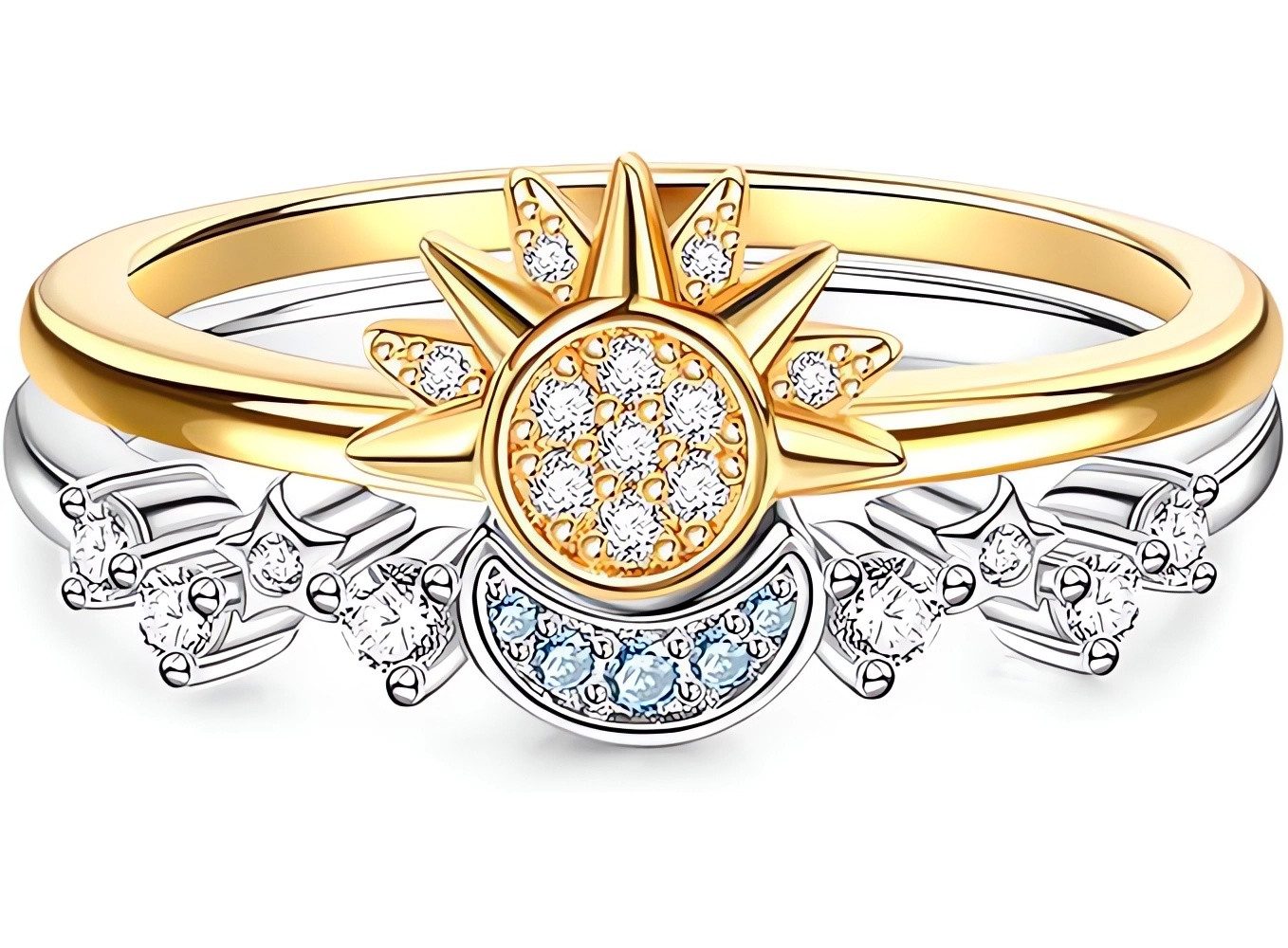 Jumpeak Diamantring Ring Gold Damen mit Sonne,Mond und Sternen,Freundschaftsringe,Ring Set (2er-Set, schwester geschenk), D/E,VVS/VS,Beste Freundin Geschenke,Weißgold,Gold,Schmuck Damen
