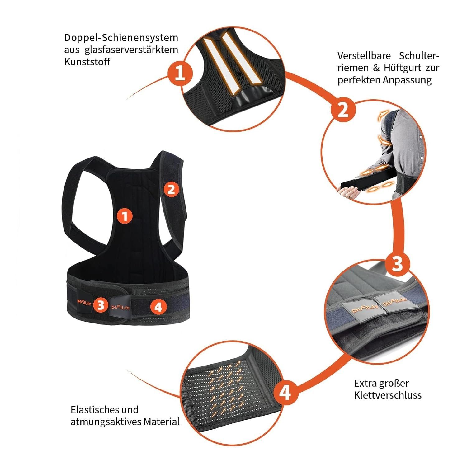 DH FitLife Rückenbandage Haltungskorrektur, Rücken Geradehalter mit Taille (Haltungstrainer, Rückentrainer, Rücken & Schultergurt, Rückenstütze, Posture Corrector)