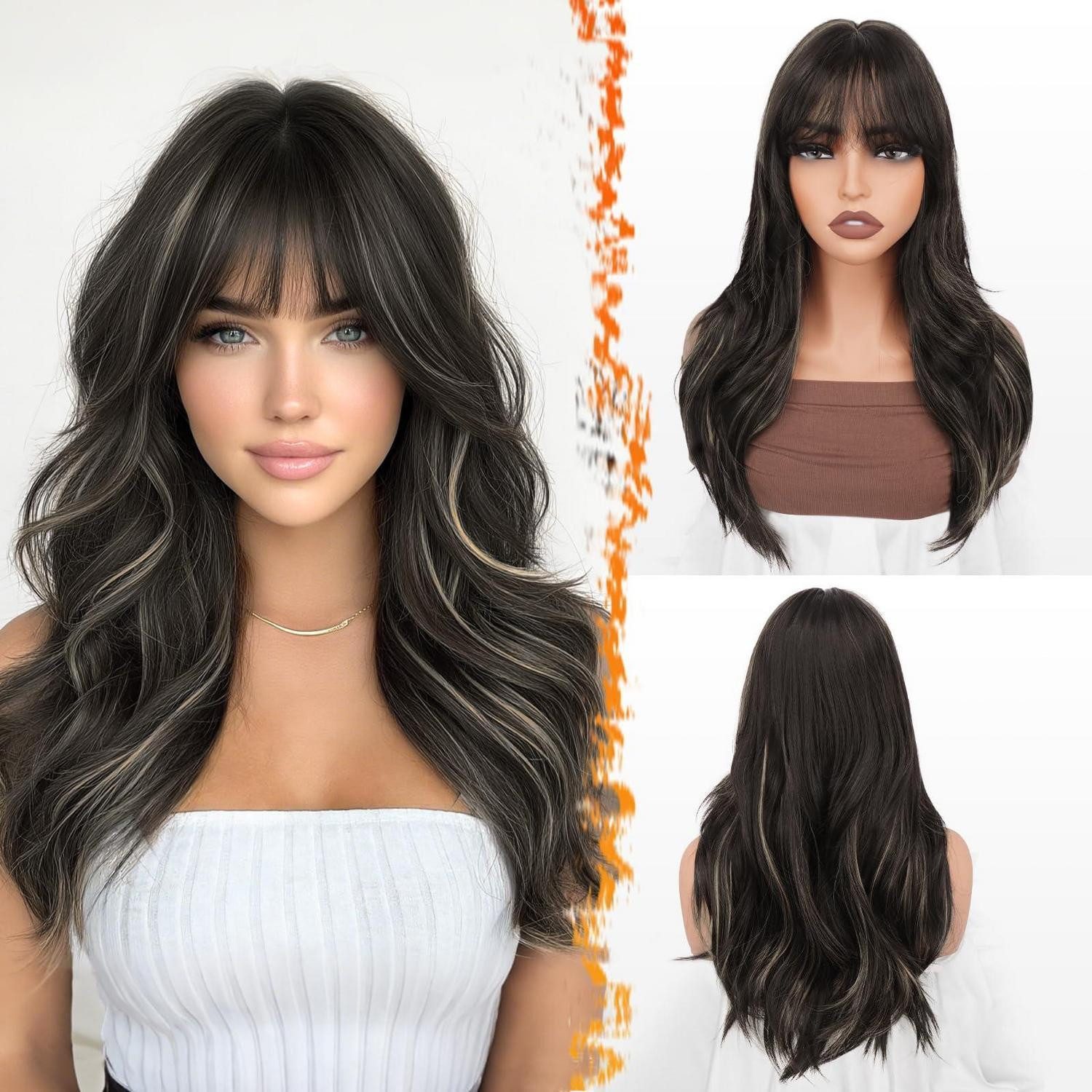 LuxusKollektion Kunsthaarperücke Perücke lang Pony synthetisch gewellt 50cm Braun mit Blond Highlight