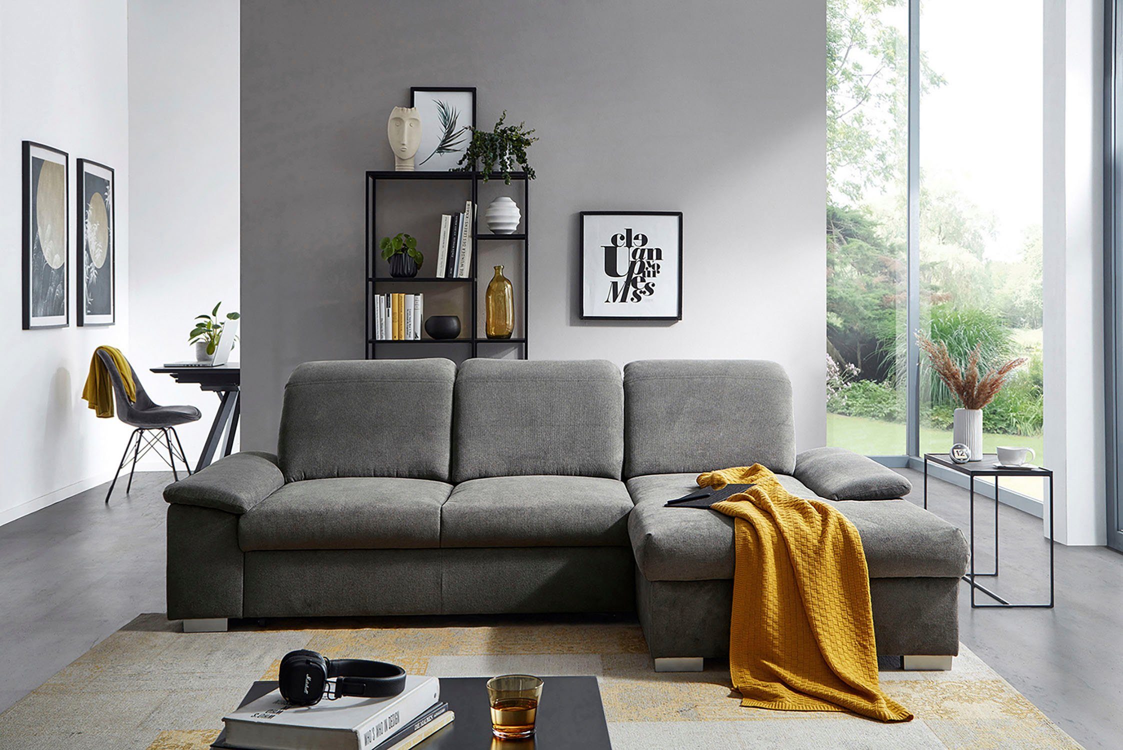 Supergünstiger Versandhandel CALIZZA INTERIORS Ecksofa Moli 2, Sitztiefenverstellung Bettkasten, platin Kopfteilverstellung, Schlaffunktion