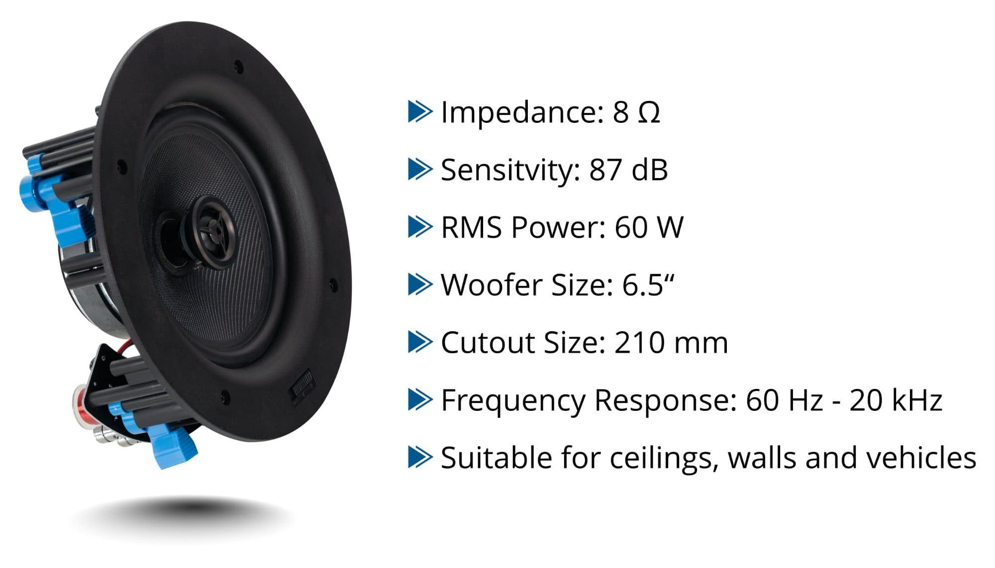 McGrey 2-Wege HiFi Deckenlautsprecher - Einbaubox-Lautsprecher 6,5" Woofer Einbaulautsprecher (60 W, Integrierter Hochtonregler und Frequenzweiche)