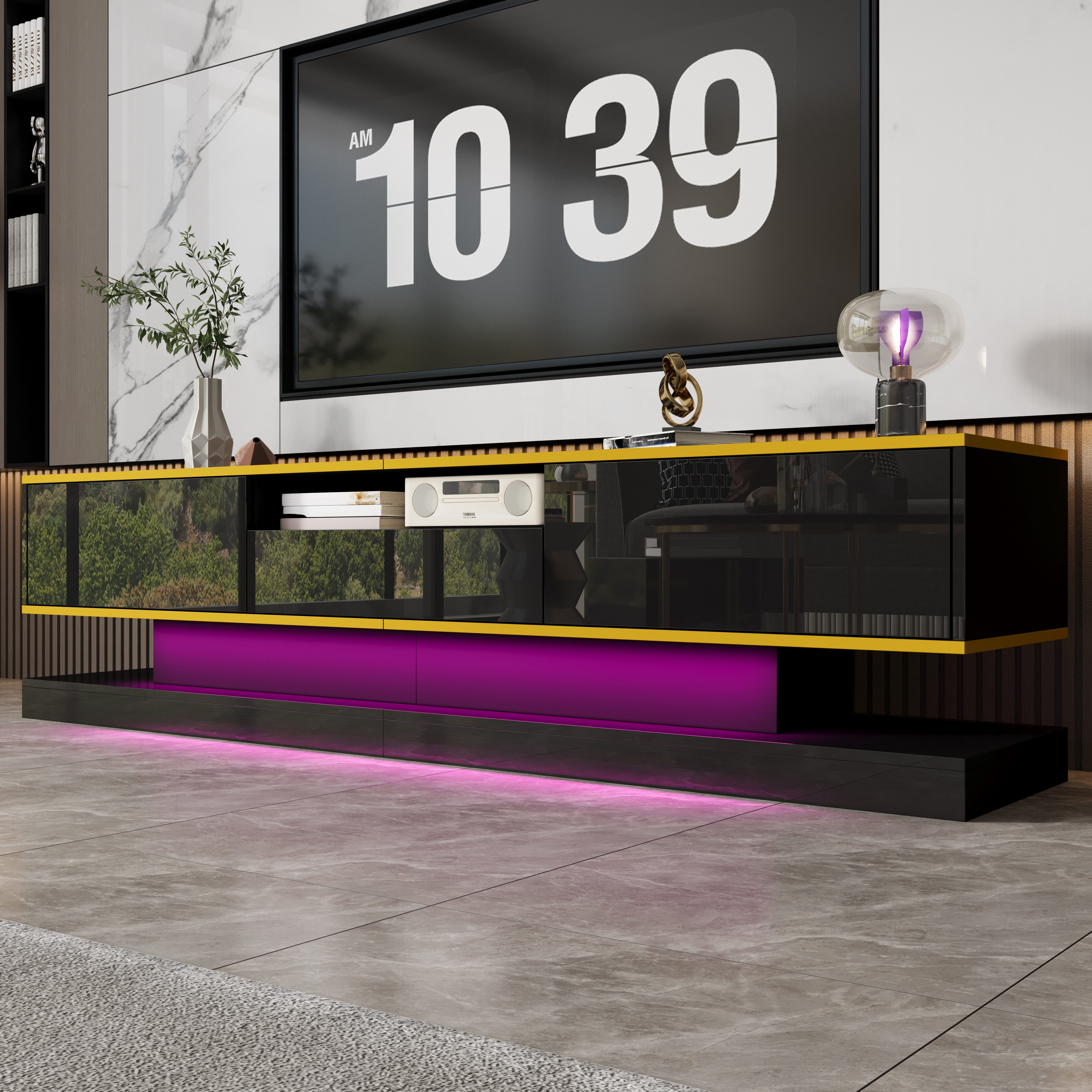 STILVORA Lowboard TV-Schrank mit 3 Schubladen&Fach,TV-Lowboard mit LED&Hochglanz,schwarz (Wohnzimmermöbel, Fernsehschrank, Low-Panel, 1 St., 3 Schubladen, 1 offenen Fach), mit farbwechselnden LED-Leuchten