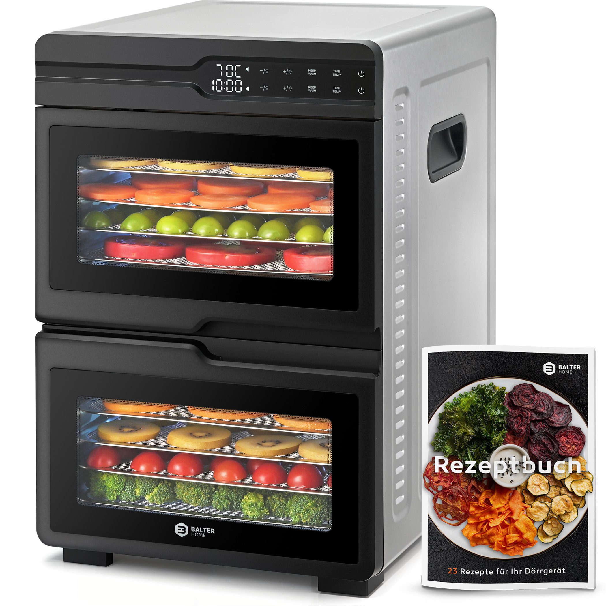 Balter Dörrautomat Edelstahl mit 2 Kammern & 12 Etagen, 1000 W, 8800 cm² Dörrfläche 1000 W, 12 Etagen