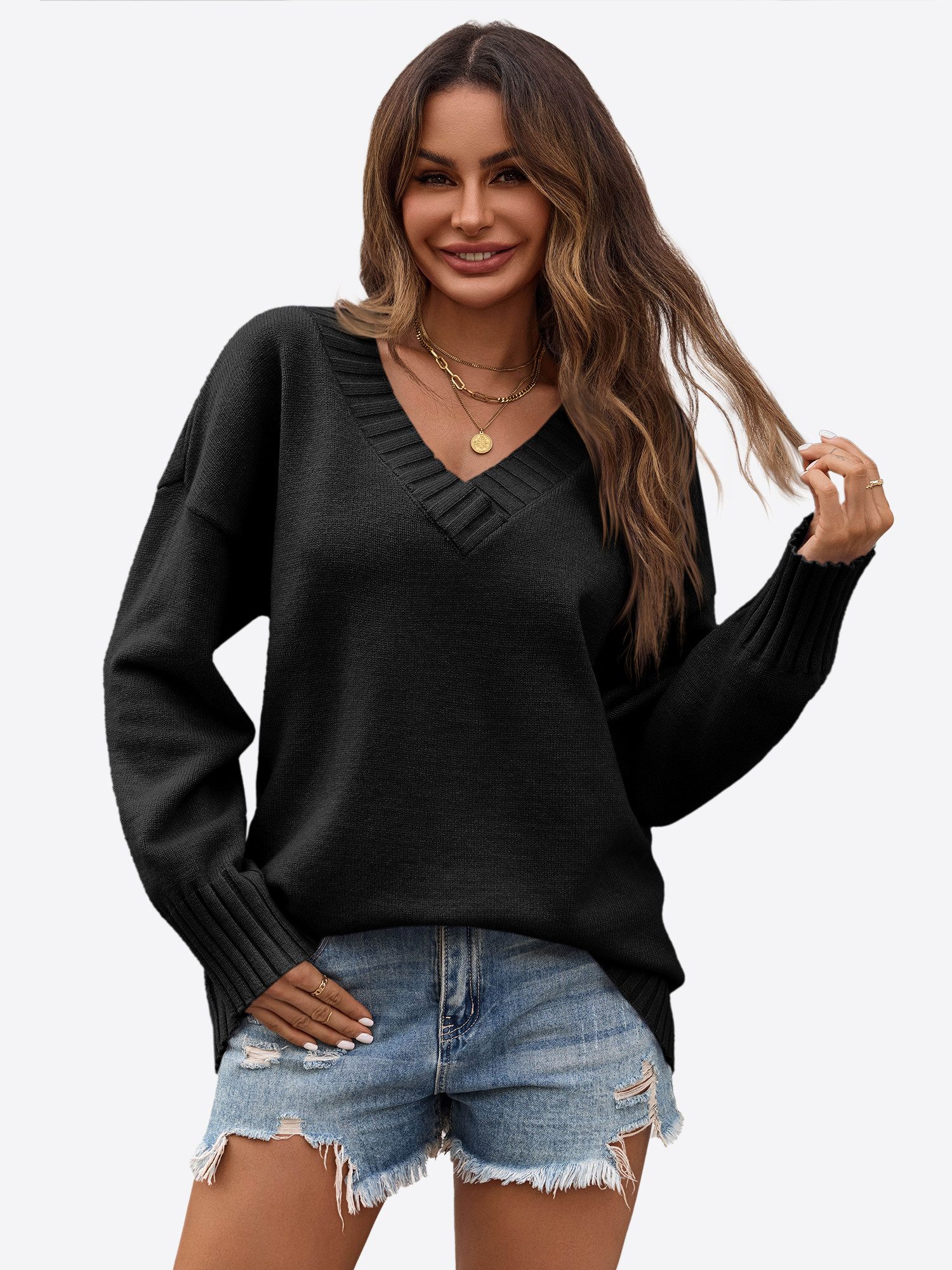Imily Bela Sweater Damen Lockerer Pullover mit V-Ausschnitt (Packung, 1-tlg günstig online kaufen
