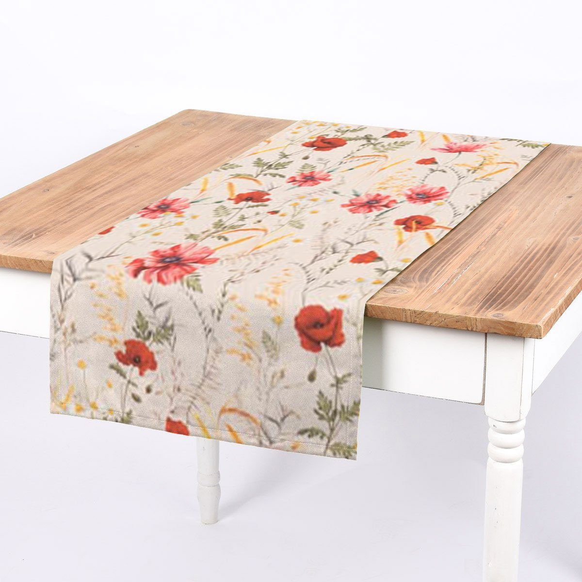 SCHÖNER LEBEN. Tischläufer SCHÖNER LEBEN. Tischläufer Poppy Mohnblumen Kamille Getreide beige ro, Digitaldruck