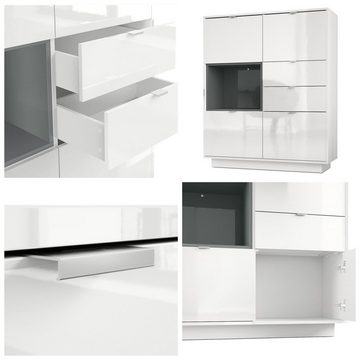 Vladon Highboard Metro (Highboard, mit 4 Türen, 2 Schubladen und 1 offenem Fach), Weiß Hochglanz/Beton Oxid Optik (103 x 123 x 38 cm)