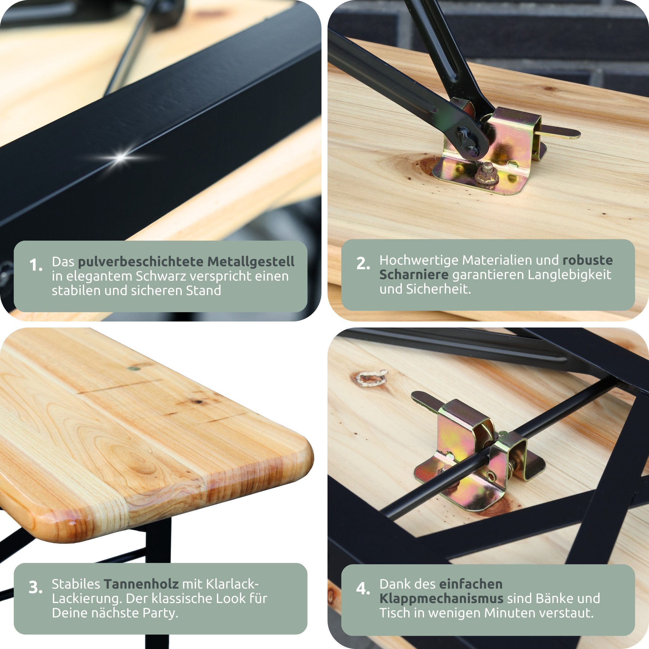 holz4home® Bierzeltgarnitur 3-teilig I Festzeltgarnitur aus Holz und Metall, Klappbar