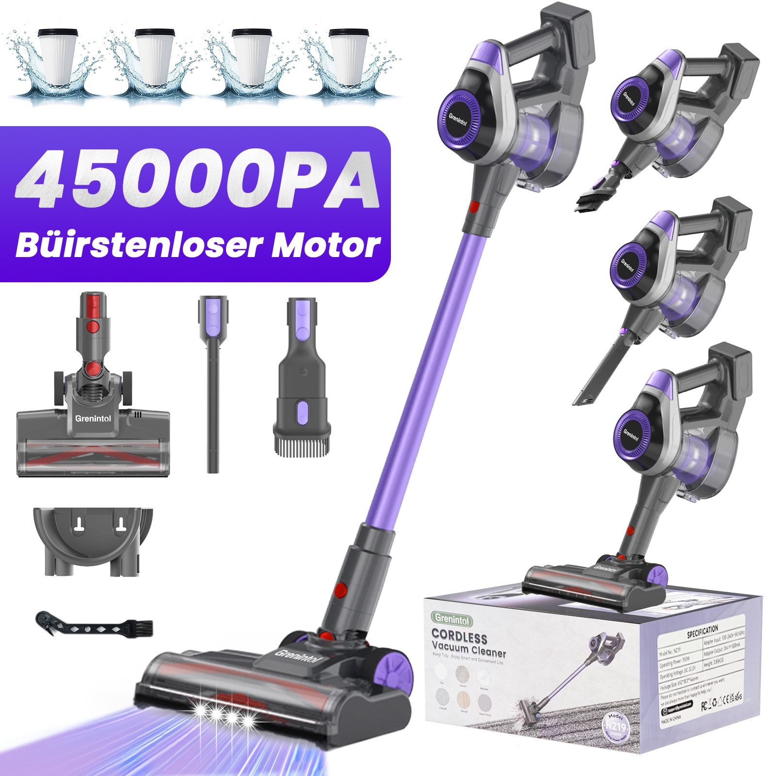 Grenintol Akku-Hand-und Stielstaubsauger Akku Staubsauger kabellos,55mins,6 in 1 Staubsauger Hepa*4, Super Leise akku staubsauger für Hartböden Teppiche Tierhaare
