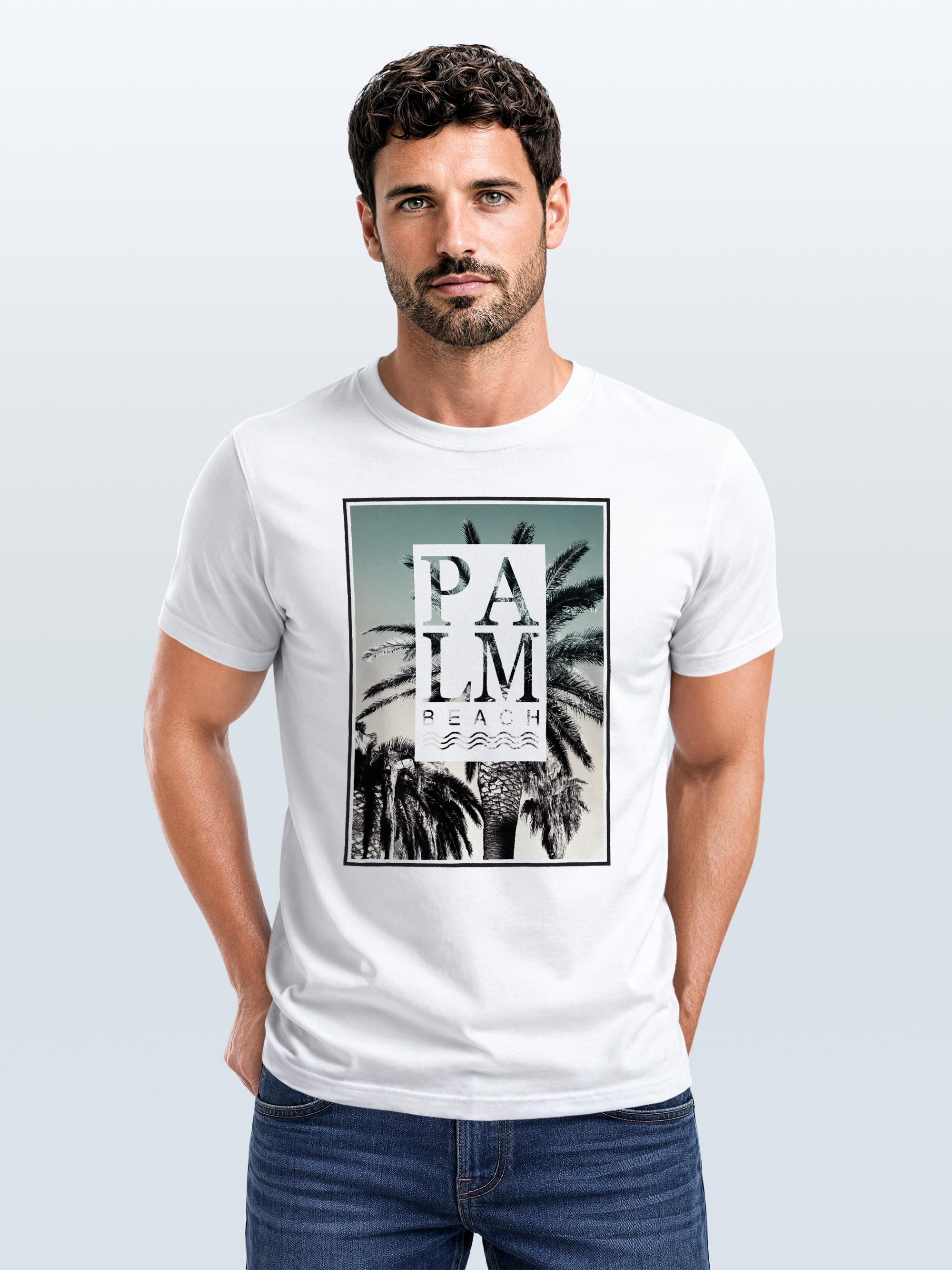 Neverless Print-Shirt Herren T-Shirt Palm Beach Palmen Wellen Sommer Sonne USA Amerika mit Print