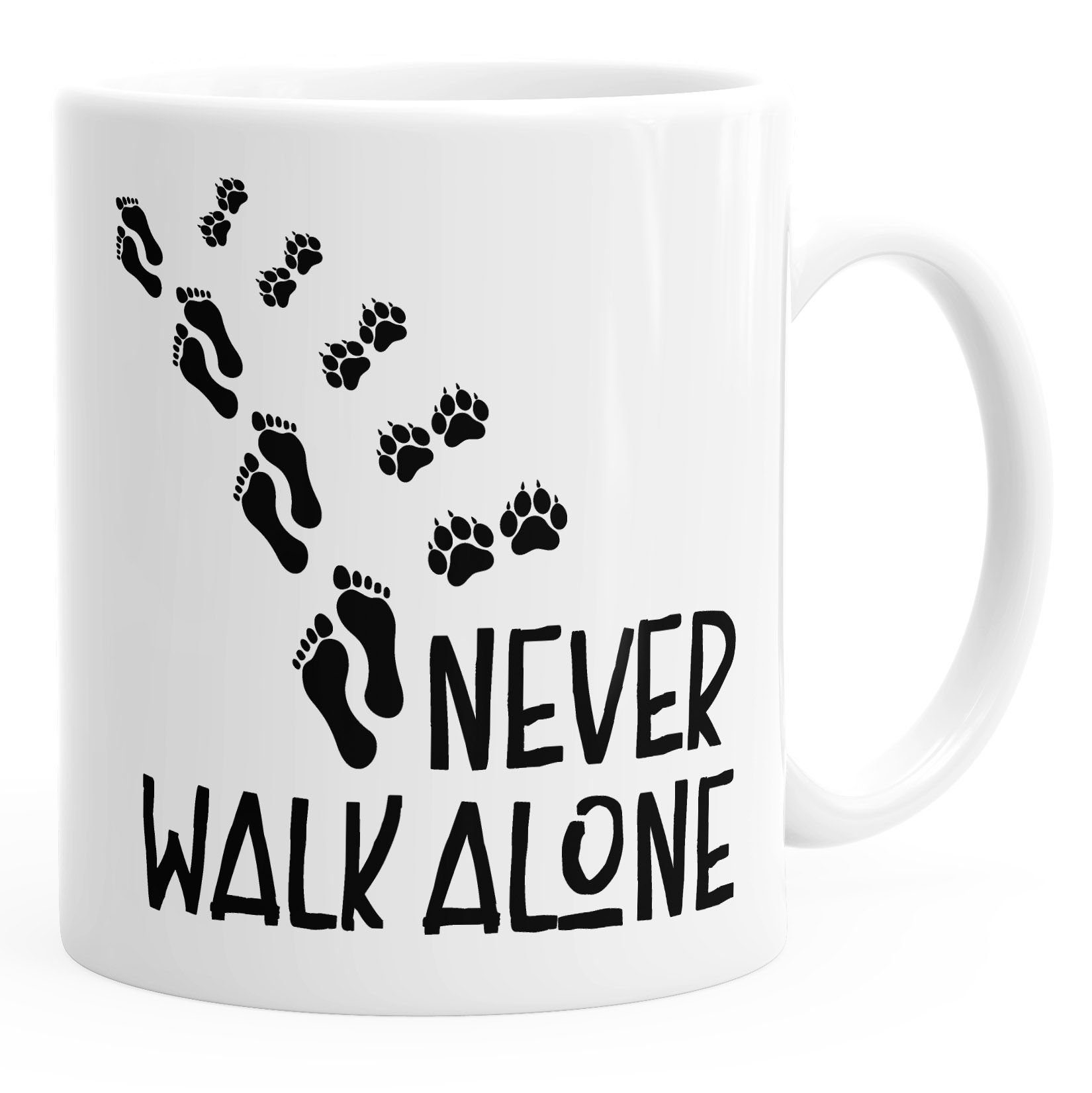 MoonWorks Tasse Kaffee-Tasse Never walk alone Hund Pfoten Hundepfoten Pfotenabdrücke Hundebesitzer MoonWorks®, Keramik